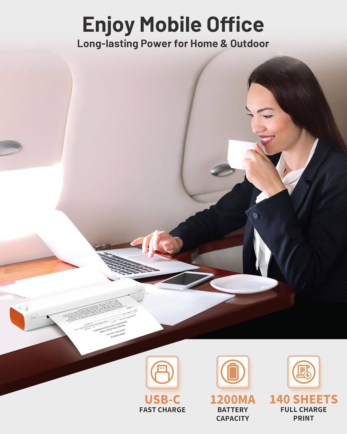 Enjoy Mobile Office  
Long-lasting Power for Home & Outdoor  

USB-C FAST CHARGE  
1200MA BATTERY CAPACITY  
140 SHEETS FULL CHARGE PRINT
