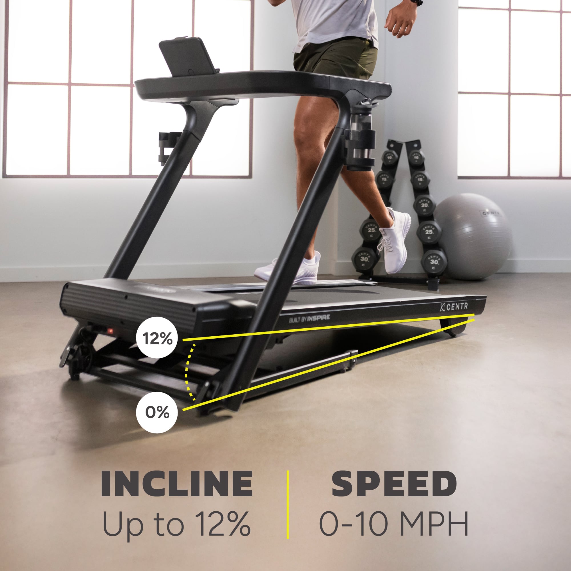 The image shows a man using a treadmill with a display showing the incline and speed. The incline is set at 12%, and the speed is set at 0-10 mph. The man is running on the treadmill, which is a piece of exercise equipment designed for cardiovascular workouts.