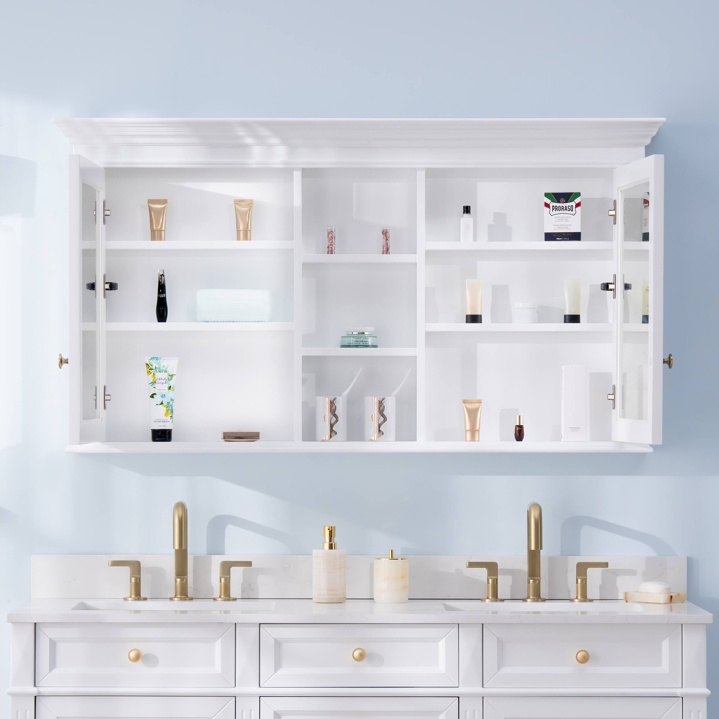 Angle. WELLFOR - 55 in. W x 30 in. H Rectangular Wood Surface Mount Medicine Cabinet with Mirror and Shelves, 2 Soft Close Doors - White.