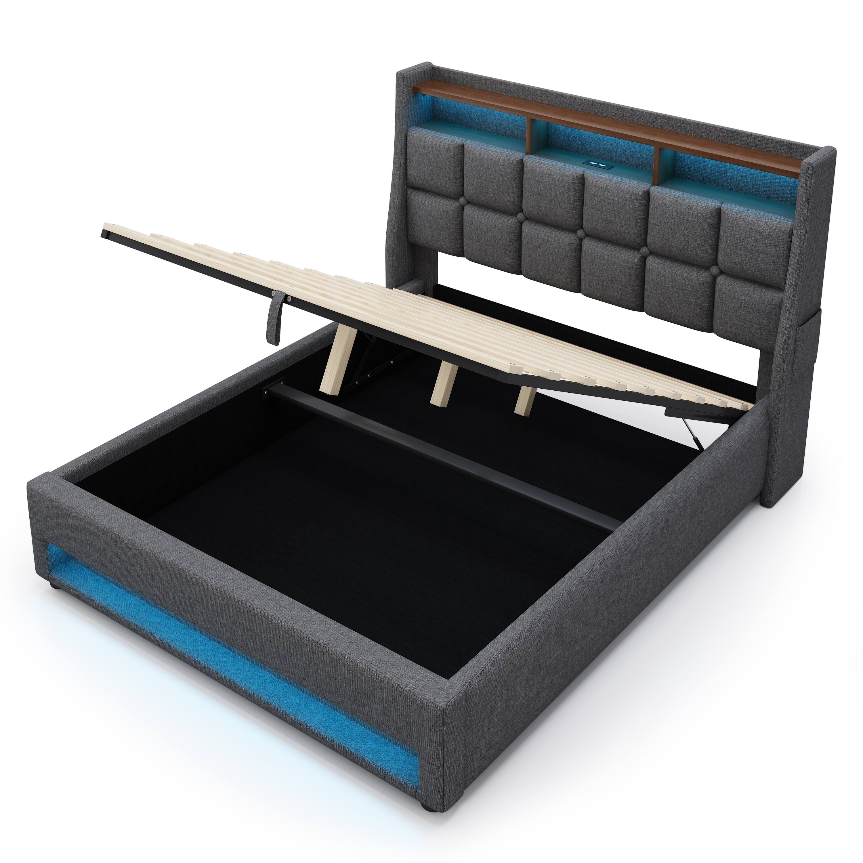 Alt View 1. Anysun - Queen Size Upholstered Platform Bed - Hydraulic Storage, LED, Charging Station, No Box Spring, Easy Assembly - Grey.