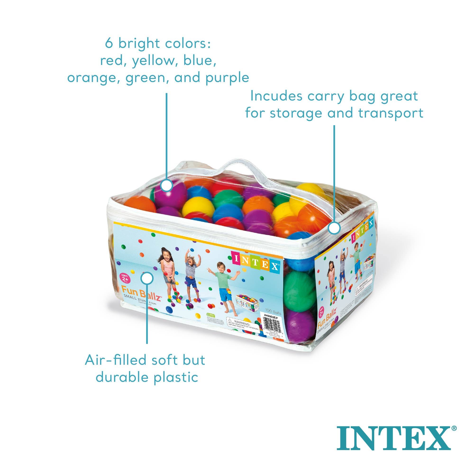 6 bright colors: red, yellow, blue, orange, green, and purple  
Includes carry bag great for storage and transport  
Air-filled soft but durable plastic  

INTEX