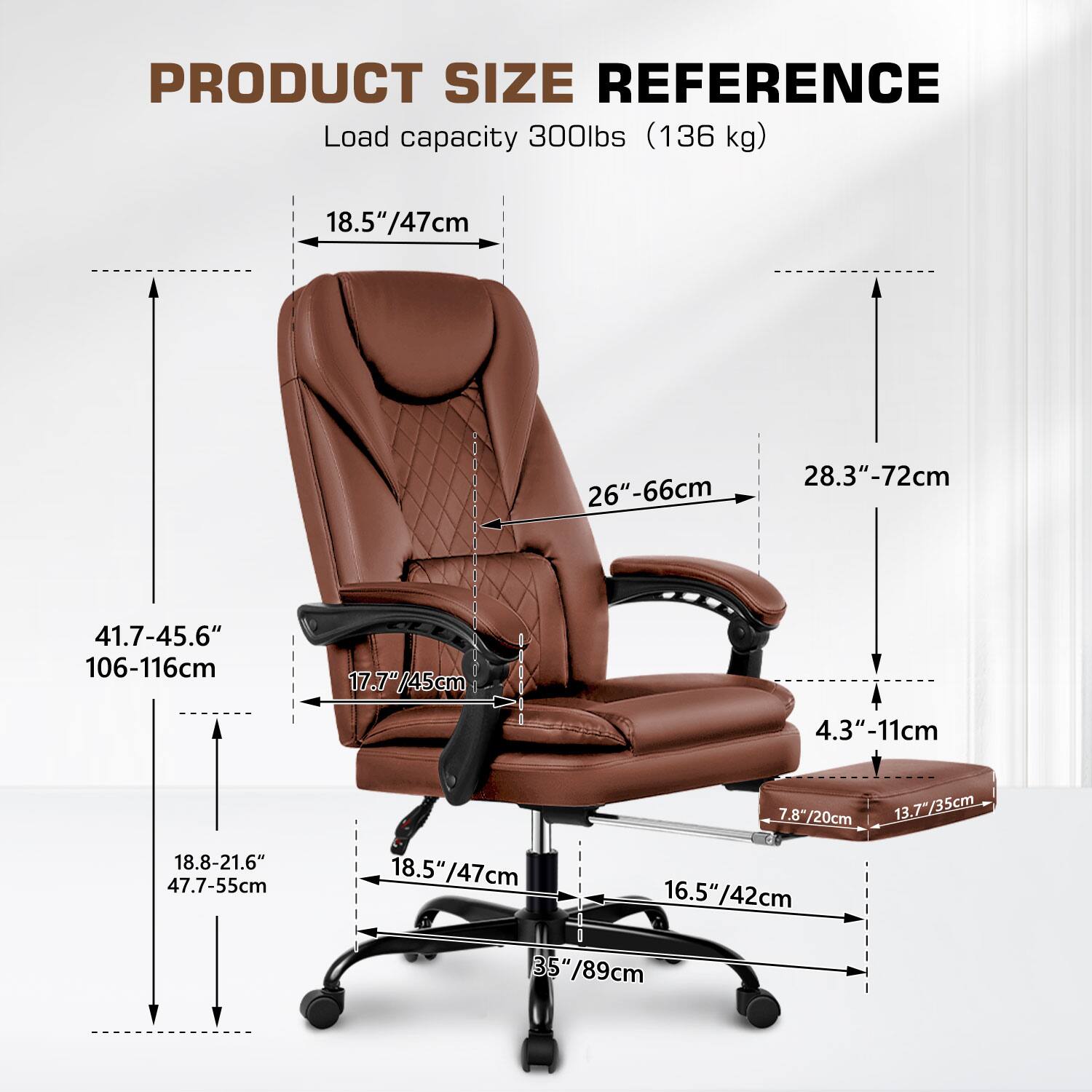 PRODUCT SIZE REFERENCE

Load capacity 300lbs (136 kg)

- 18.5" / 47cm
- 26" - 66cm
- 28.3" - 72cm
- 41.7" - 45.6" / 106-116cm
- 17.7" / 45cm
- 4.3" - 11cm
- 18.8" - 21.6" / 47.7-55cm
- 18.5" / 47cm
- 7.8" / 20cm
- 13.7" / 35cm
- 16.5" / 42cm
- 35" / 89cm