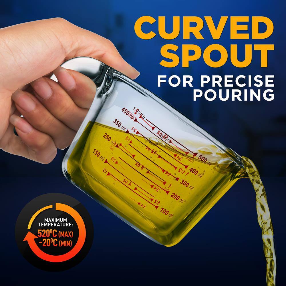 MAXIMUM TEMPERATURE: 520C (MAX) -20C (MIN)  
CURVED SPOUT FOR PRECISE POURING  

450 ml  
350 ml  
250 ml  
150 ml  

1/2 cup  
3/4 cup  
1 cup  
1 1/2 cups  
2 cups  
2 1/2 cups  
3 cups  
4 cups  
5 cups  
6 cups  
7 cups  
8 cups  

1/4 oz  
1/2 oz  
1 oz  
1 1/2 oz  
2 oz  
3 oz  
4 oz  
5 oz  
6 oz  
7 oz  
8 oz