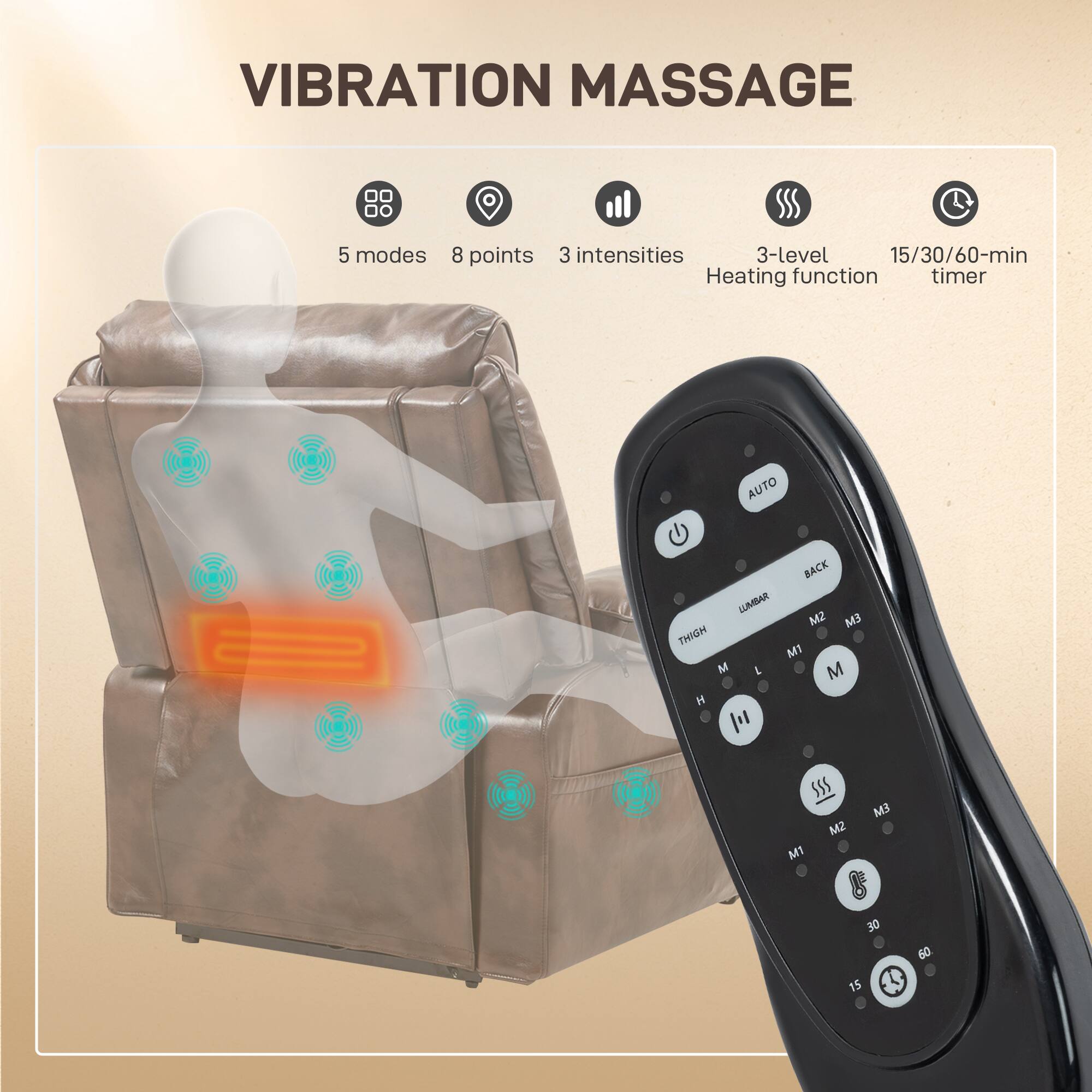 VIBRATION MASSAGE 5 modes 8 points 3 intensities 3-level Heating function timer AUTO BACK LUMBAR THIGH MI M3 M2 M1 H I | M I M2 M3 EM 30 15 60