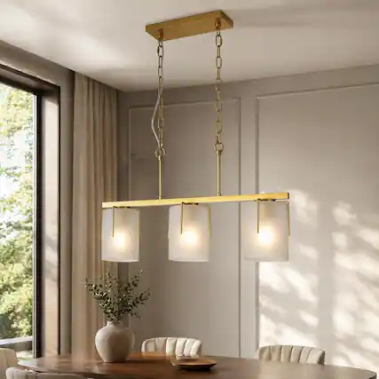 Front. RYHNUYNE - Modern Gold 3-Light Linear Chandelier with Frosted Glass Shades, Dining Room Lighting for Kitchen Island & Dining Room - Gold.