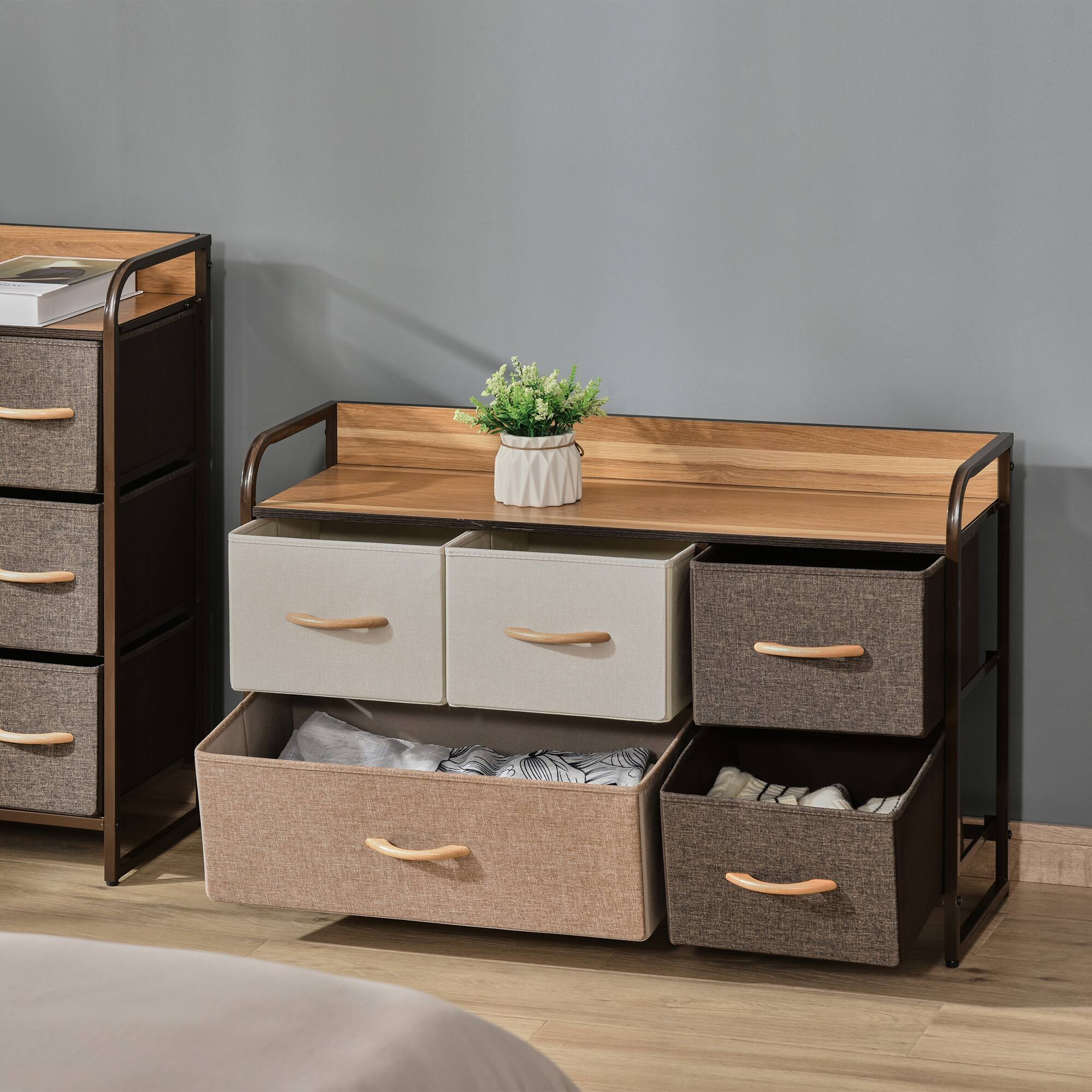 Alt View 8. Homcom - 5-Drawer Dresser, Fabric Chest of Drawers, 2-Tier Storage Organizer for Bedroom Entryway, Tower Unit - Multi-coloured.