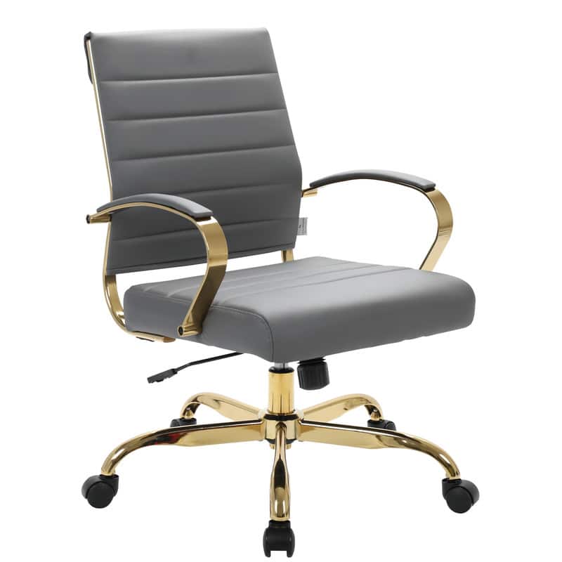 Front. LeisureMod - Benmar Leather Office Chair with Gold Accents, Adjustable Height, Swivel, Ergonomic Design for Home Office or Workspace - Grey.