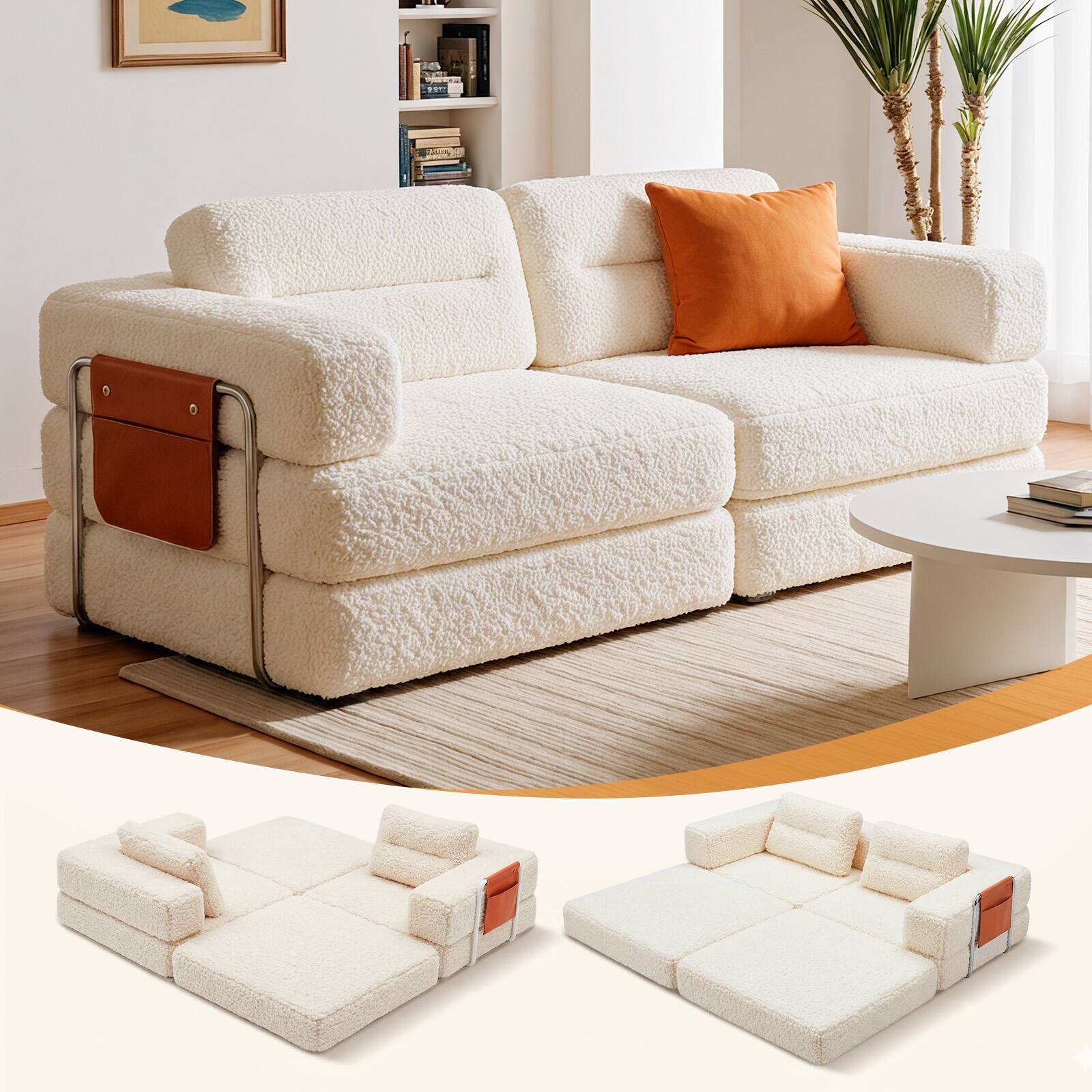 Alt View 4. Pinmoco - 81.5'' Modular Sectional Sleeper Sofa Bed, Convertible L Shaped Couch with Pillows and Storage - Off-white.