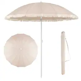 Costway - Patio Umbrella with Fringe, Boho Tassel Umbrella for Outdoor Beach Garden Poolside - Beige+White