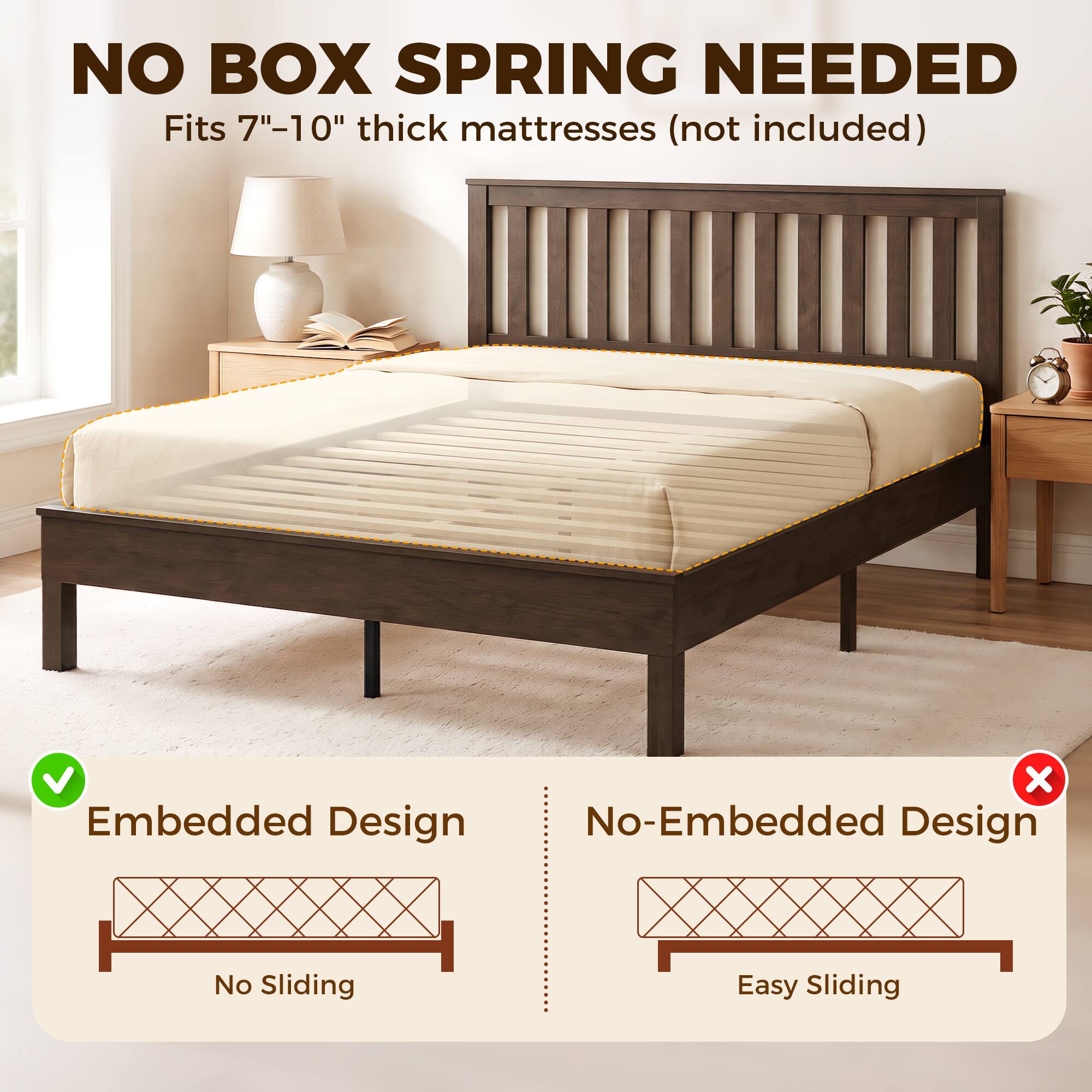 NO BOX SPRING NEEDED  
Fits 7"-10" thick mattresses (not included)  

Embedded Design  
No Sliding  

No-Embedded Design  
Easy Sliding