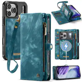 Dteck - Multi-Functional Wallet Case for Apple iPhone 17 Pro,Large Card Slots Zipper Magnetic Detachable Cover With Strap - Green