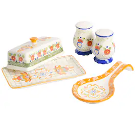 Laurie Gates - Tierra 4 Piece Hand Painted Ceramic Tableware Accessory Set - White