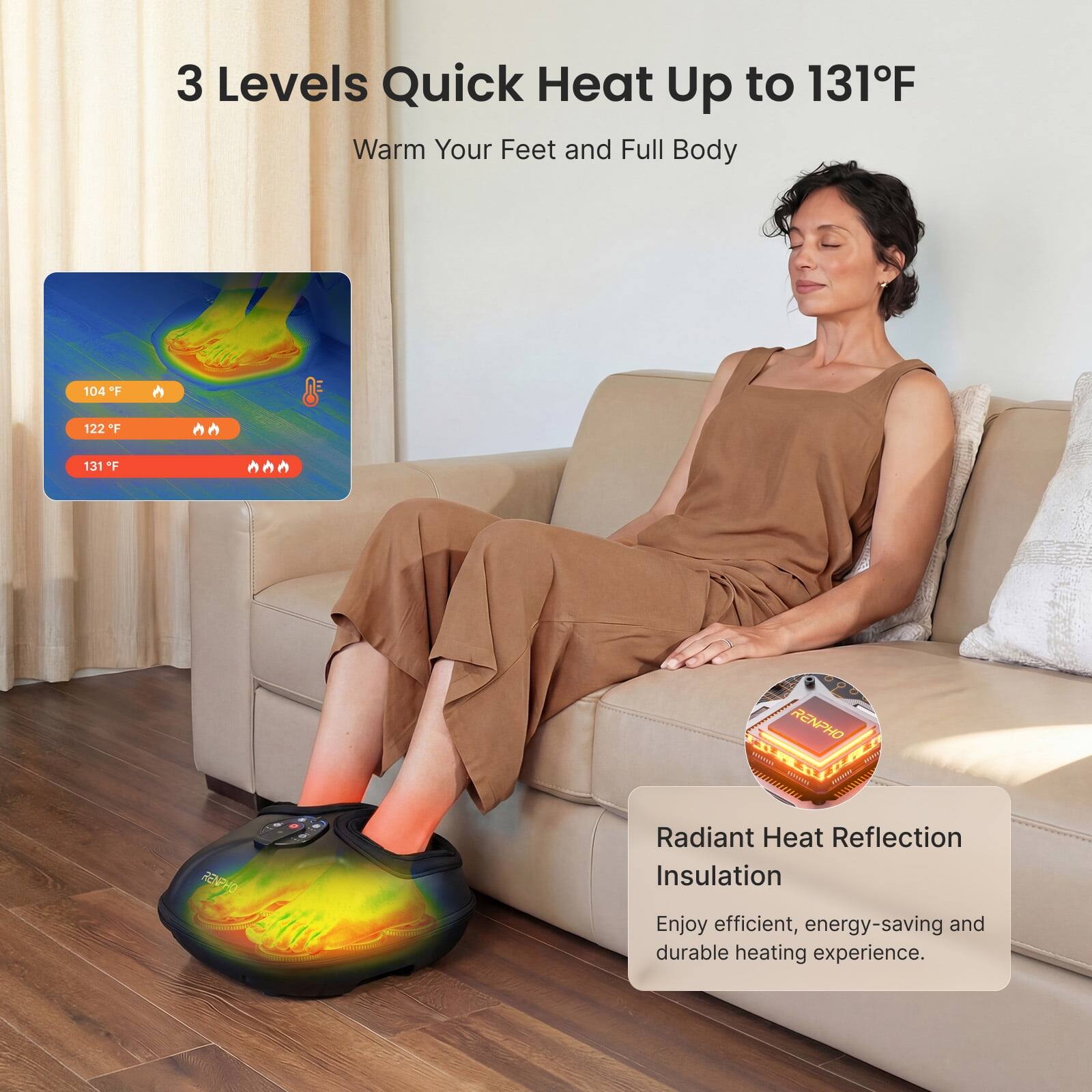 3 Levels Quick Heat Up to 131°F Warm Your Feet and Full Body

104°F
122°F
131°F

RENPHO POUTI

Radiant Heat Reflection Insulation

Enjoy efficient, energy-saving and durable heating experience.