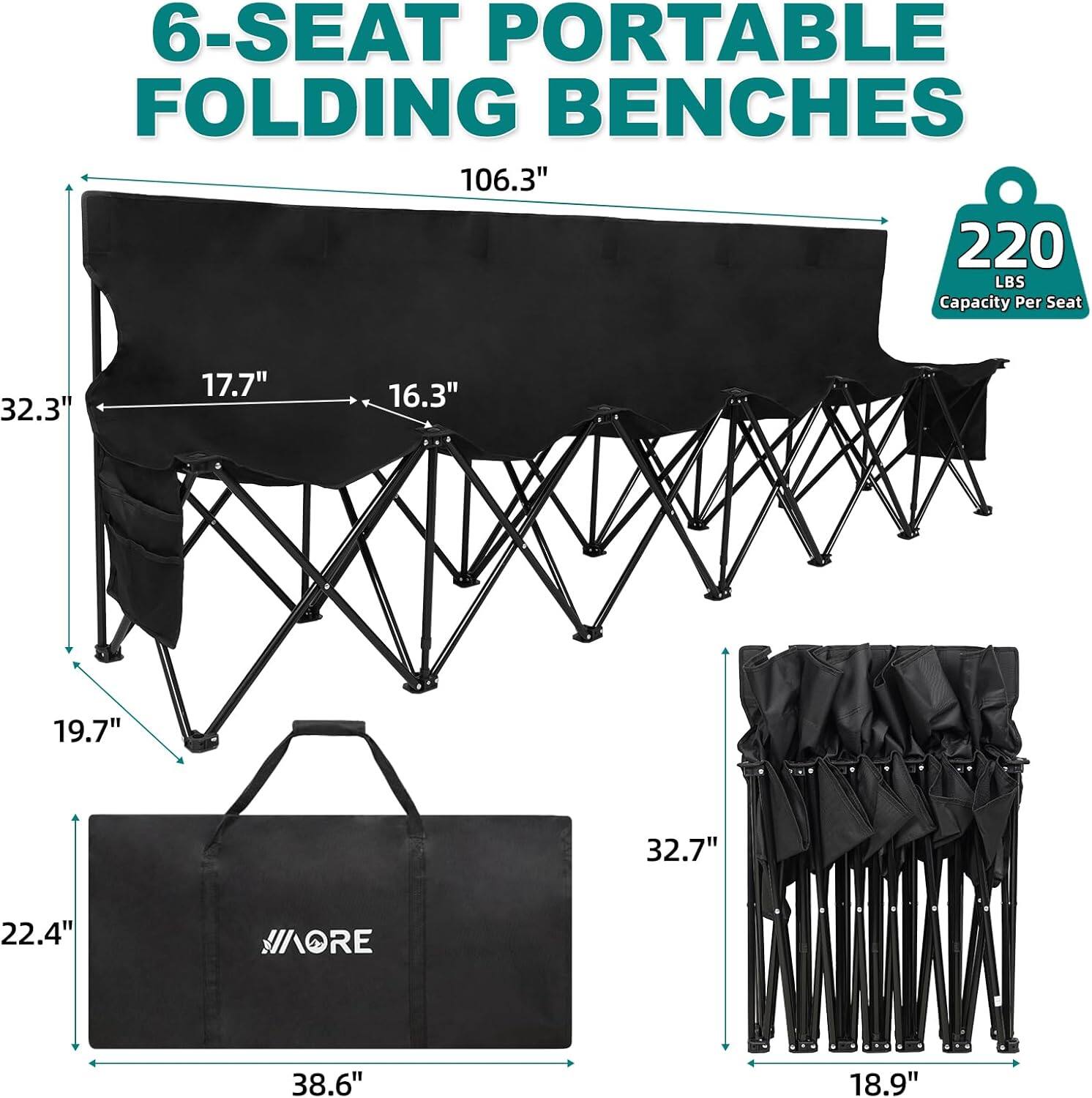 6-Seat Portable Folding Benches

- 106.3" (Length)
- 32.3" (Height)
- 17.7" (Seat Width)
- 16.3" (Seat Depth)
- 19.7" (Leg Height)
- 32.7" (Folded Length)
- 22.4" (Folded Width)
- 38.6" (Folded Height)
- 18.9" (Folded Width)

220 LBS Capacity Per Seat