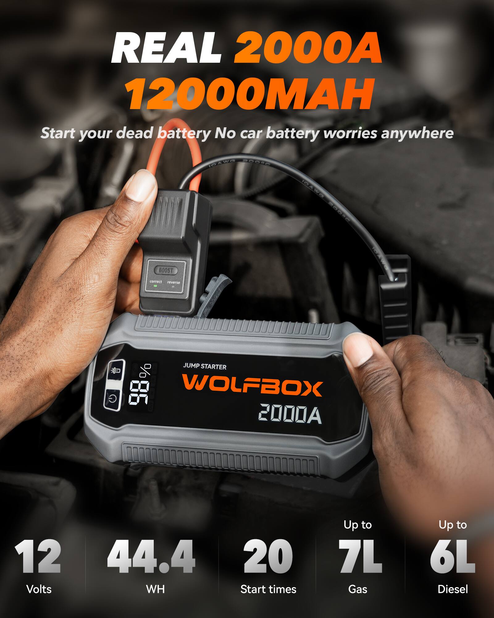 REAL 2000A 12000MAH  
Start your dead battery No car battery worries anywhere  

PZ OSR NAWA 88818 BOOST LOBrr reverse  

G JUMP STARTER % WOLFBOX 2000A 12 Volts 44.4 WH 20 Start times Up to 7L Gas Up to 6L Diesel