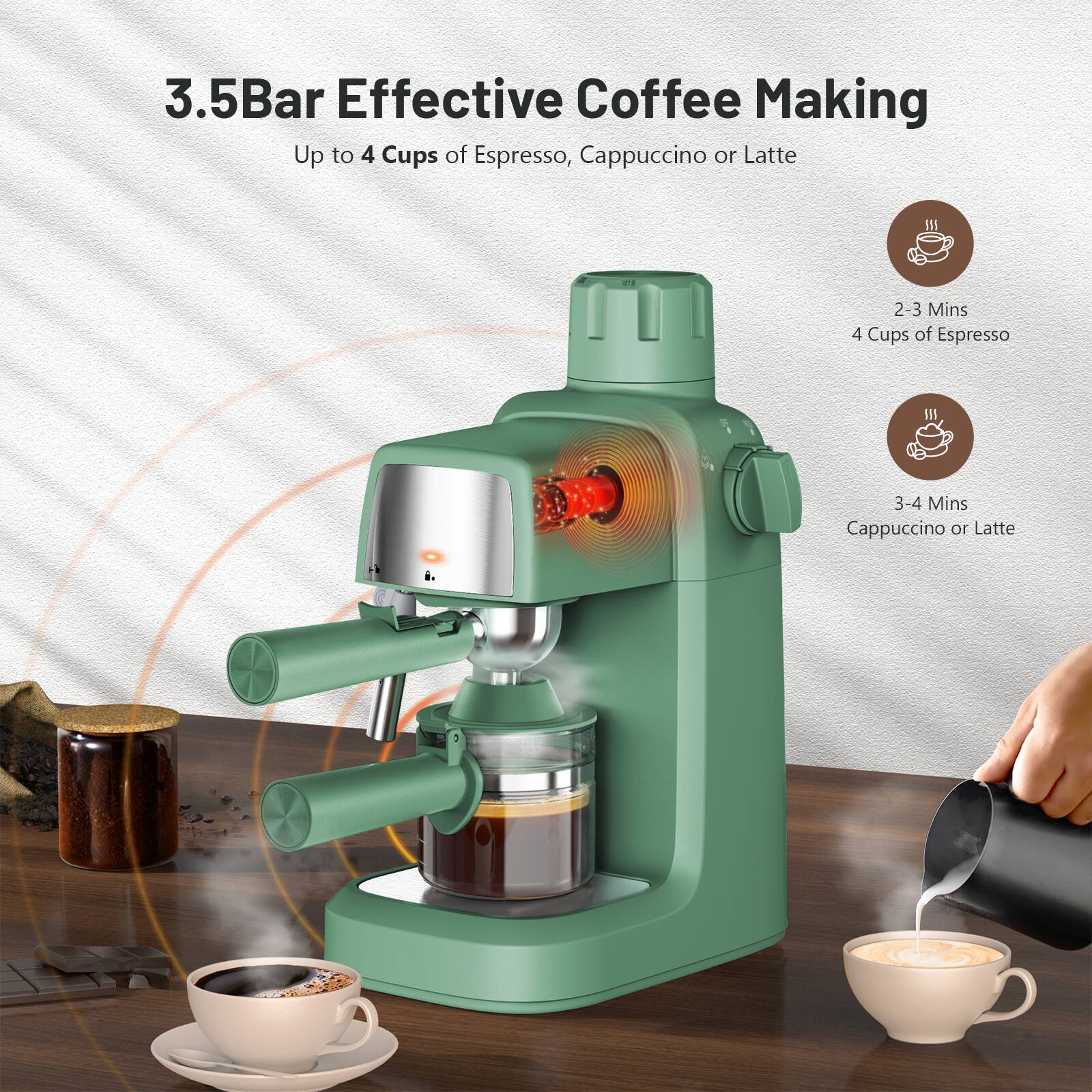 3.5Bar Effective Coffee Making  
Up to 4 Cups of Espresso, Cappuccino or Latte  

2-3 Mins  
4 Cups of Espresso  

3-4 Mins  
Cappuccino or Latte