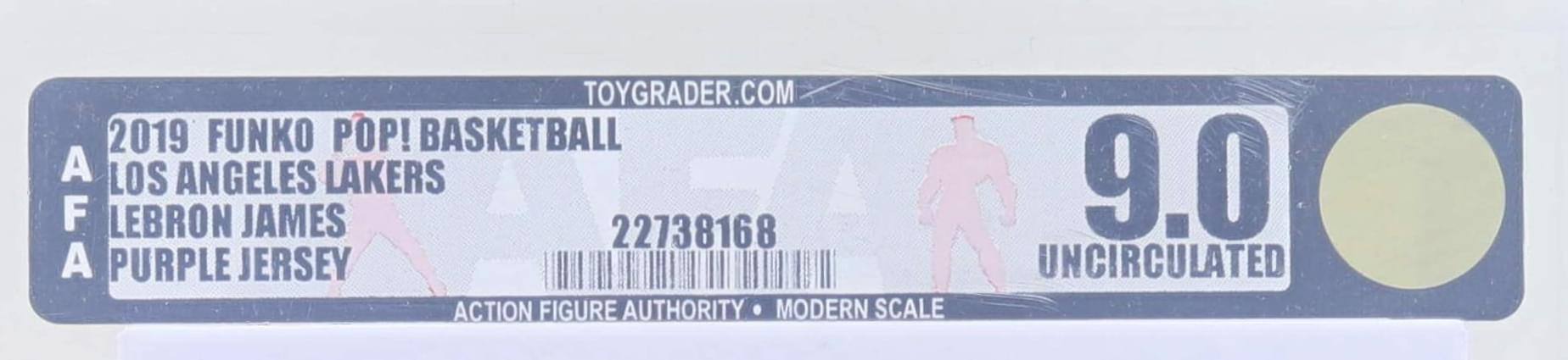 2019 Funko Pop! Basketball  
Los Angeles Lakers  
LeBron James  
Purple Jersey  

9.0  
Uncirculated  

AFA  
Action Figure Authority • Modern Scale  

22738168