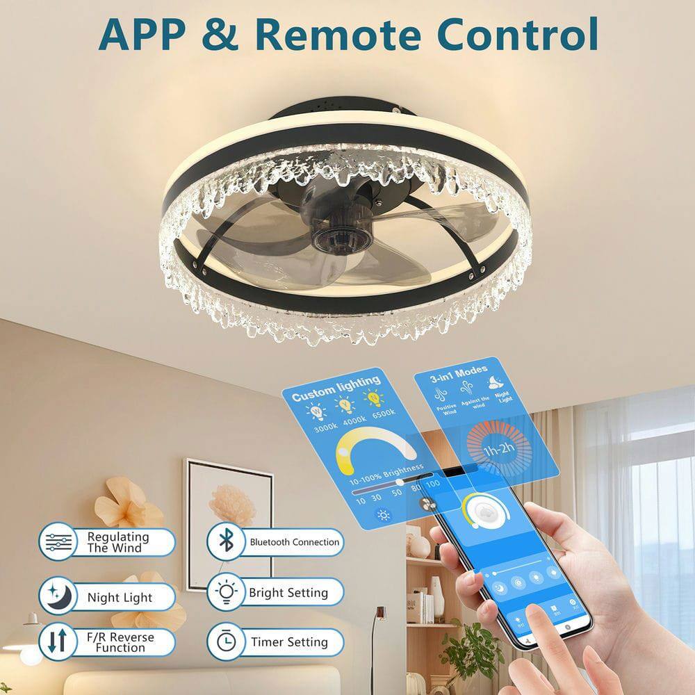 APP & Remote Control

- Custom Lighting: 3000K, 4000K, 6500K
- 3-in-1 Modes: Ceiling Fan, Light, Remote Control
- 1h-2h Timer Setting
- 10-100% Brightness
- Regulating The Wind
- Bluetooth Connection
- Night Light
- Bright Setting
- F/R Reverse Function