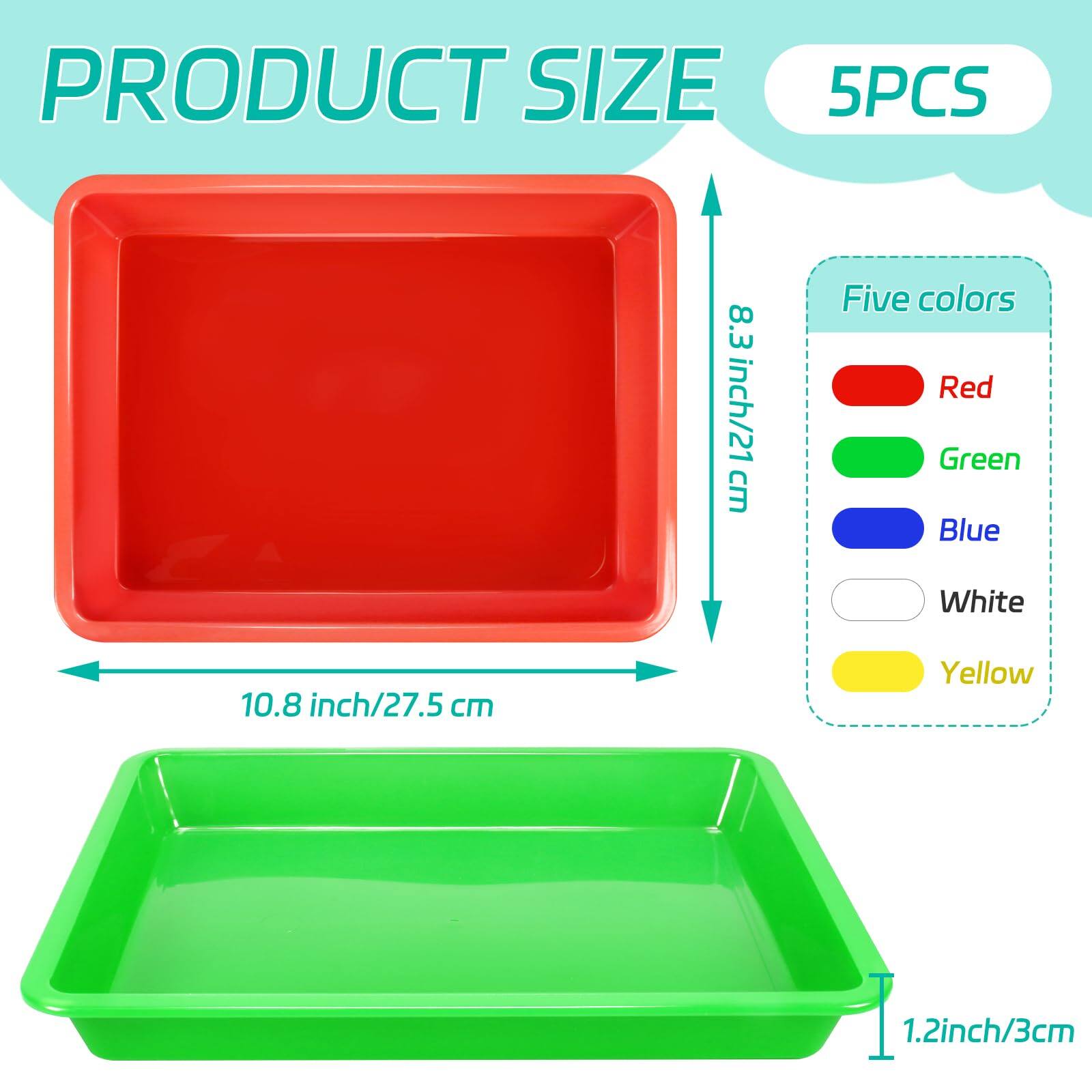 PRODUCT SIZE  
5PCS  

8.3 inch/21 cm  
10.8 inch/27.5 cm  
1.2 inch/3 cm  

Five colors  
- Red  
- Green  
- Blue  
- White  
- Yellow