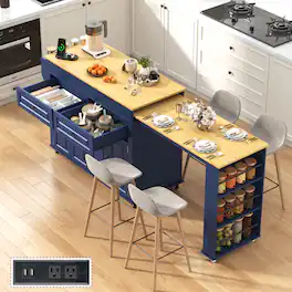 Espafurni - 80"-48" Extendable Kitchen Island with Dining Table & Power Outlet,Drawers,Shelves, Mobile Rolling Cart - Blue