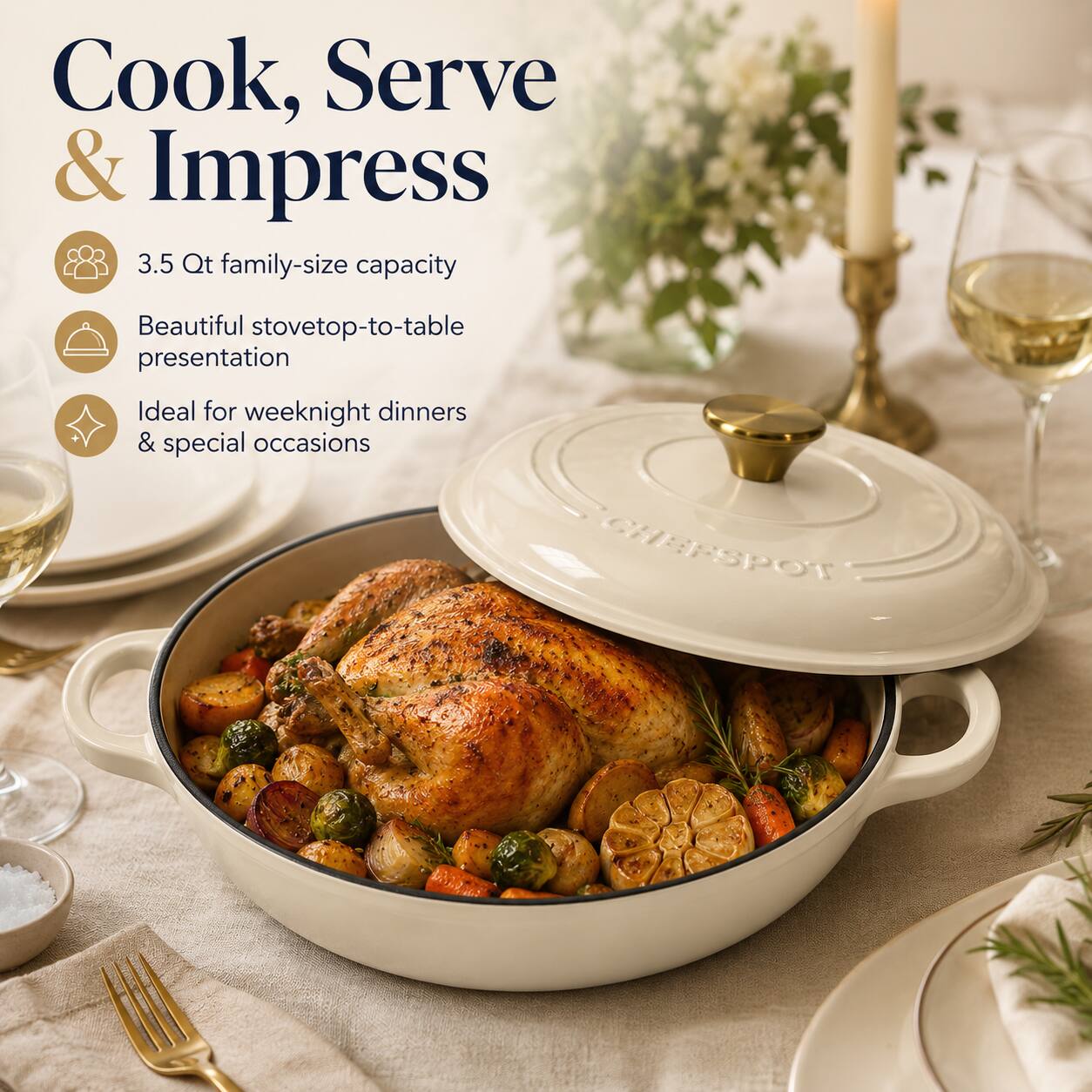 Cook, Serve & Impress  
3.5 Qt family-size capacity  
Beautiful stovetop-to-table presentation  
Ideal for weeknight dinners & special occasions  
CHEFSPOT