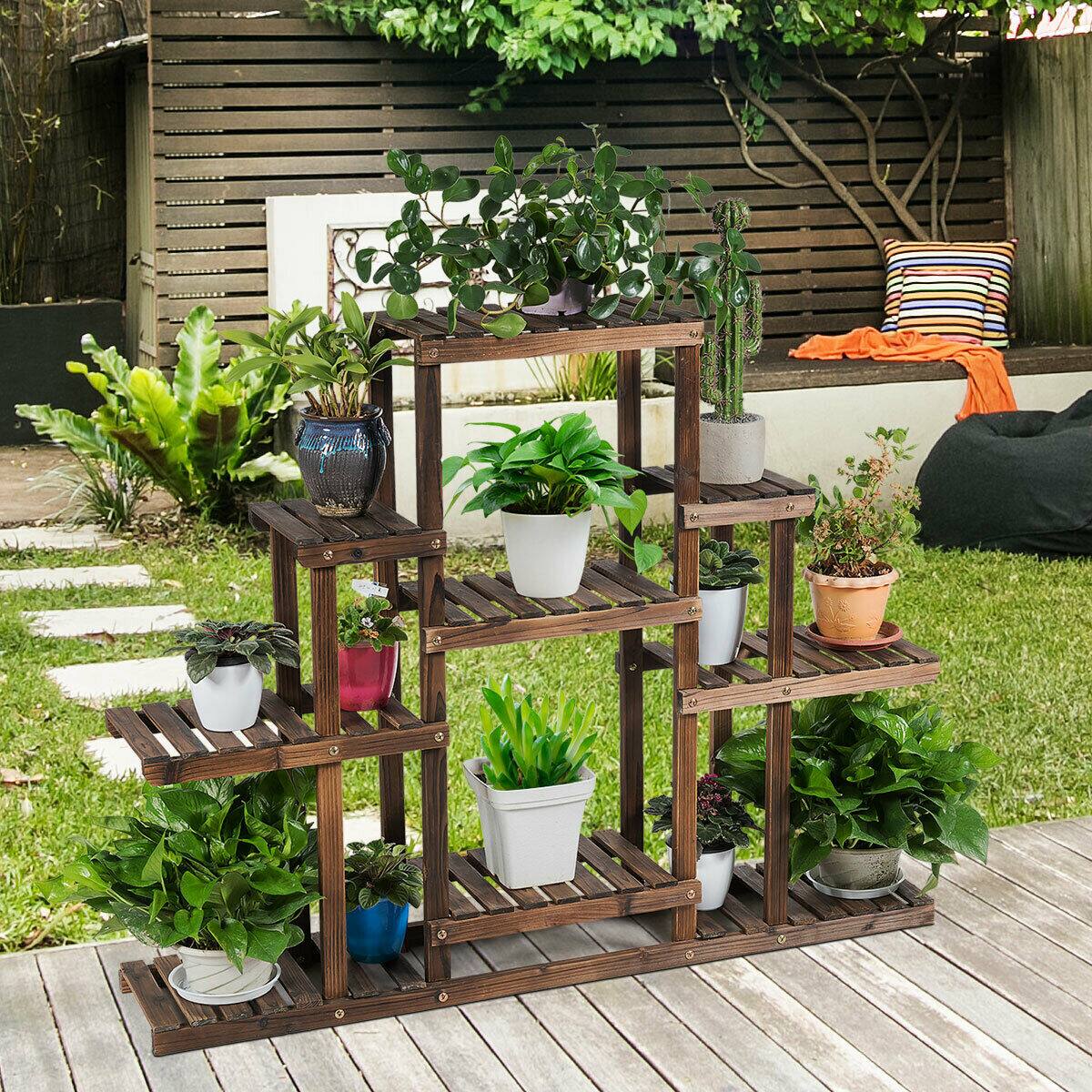 Alt View 5. Costway - 6-Tier Flower Wood Stand Plant Display Rack Multifunctional Storage Shelf - Brown.