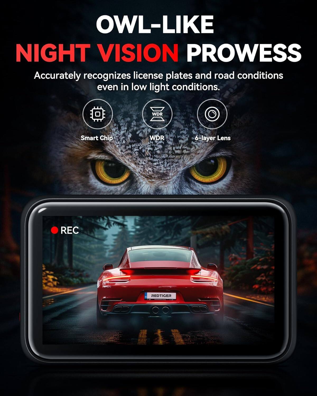 OWL-LIKE NIGHT VISION PROWESS
Accurately recognizes license plates and road conditions even in low light conditions.
WDR Smart Chip
WDR 6-layer Lens
REC
REDTIGER