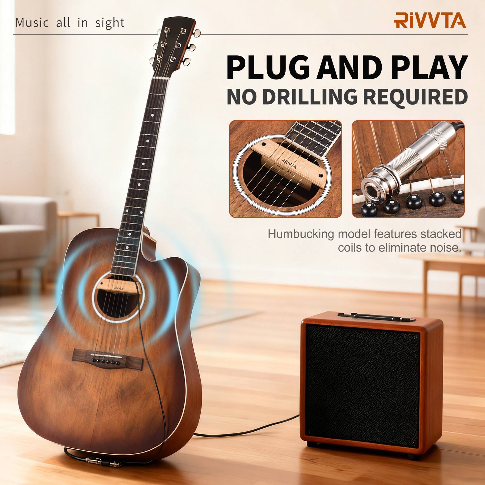 Music all in sight

RIVVTA

PLUG AND PLAY  
NO DRILLING REQUIRED

Humbucking model features stacked coils to eliminate noise.
