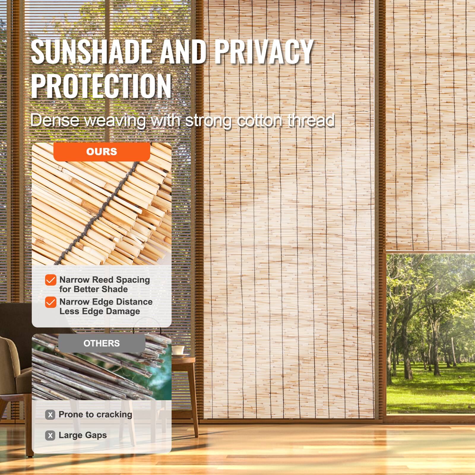 SUNSHADE AND PRIVACY PROTECTION

Dense weaving with strong cotton thread

**OURS**
- Narrow Reed Spacing for Better Shade
- Narrow Edge Distance Less Edge Damage

**OTHERS**
- Prone to cracking
- Large Gaps