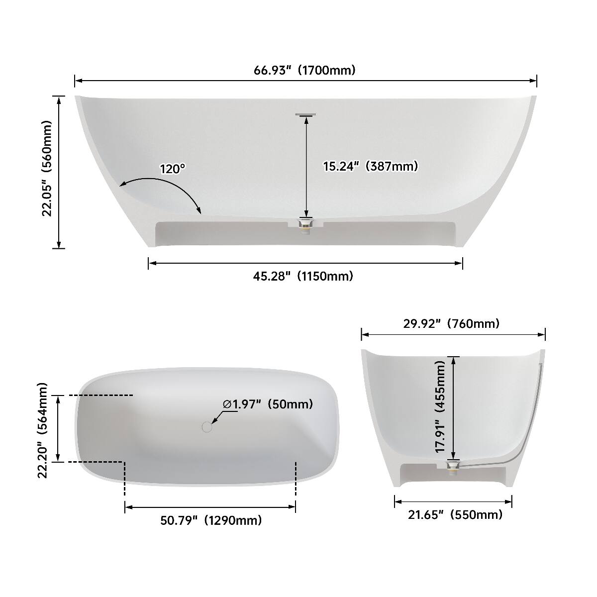 Loheer 67 in Solid Surface Freestanding Soaking Bathtub Deep Bath Matte ...