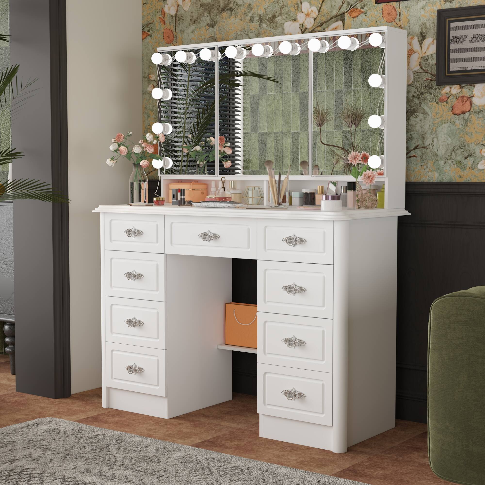 Alt View 5. Famapy - Vintage Vanity Table with 3-Sided LED Mirror - Makeup Desk, 9-Drawer Organizer Hidden Storage - White.