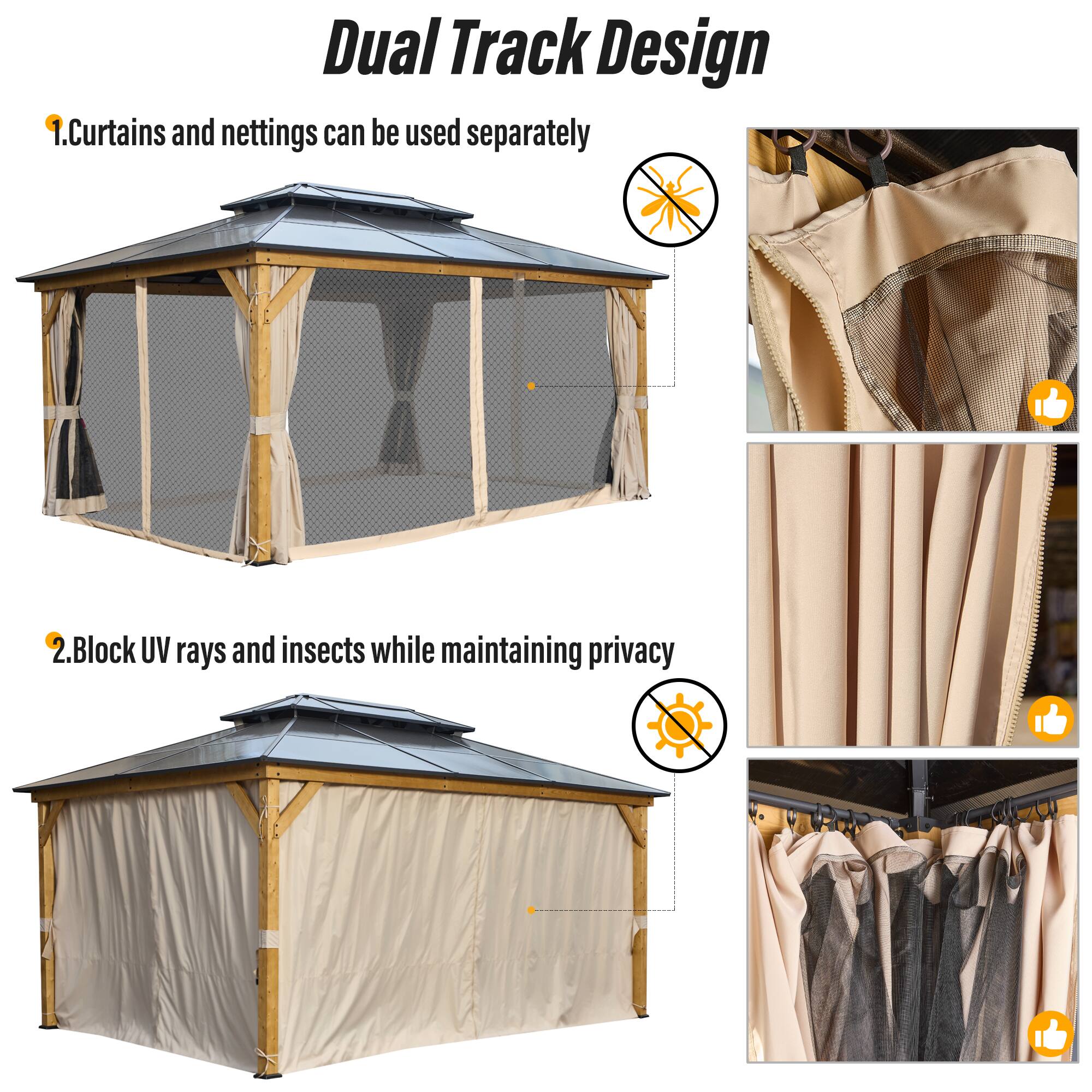 Dual Track Design

1. Curtains and nettings can be used separately
2. Block UV rays and insects while maintaining privacy