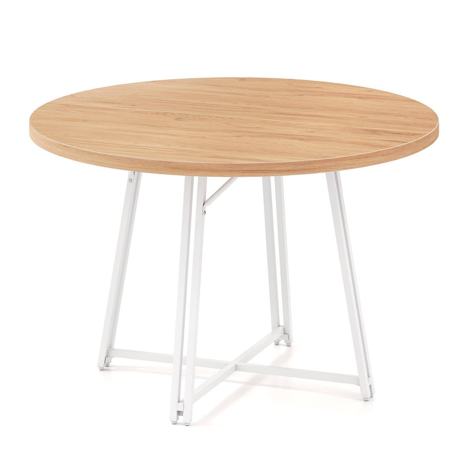 Left. Pefilos - 47" Round Dining Table,Cross Base 8 Metal Legs,Adjustable Pads,Natural - Brown.
