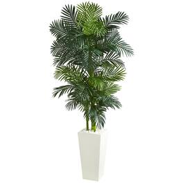 BreeBe - 7.5' Golden Cane Palm Artificial Tree in White Tower Planter - Multicolor
