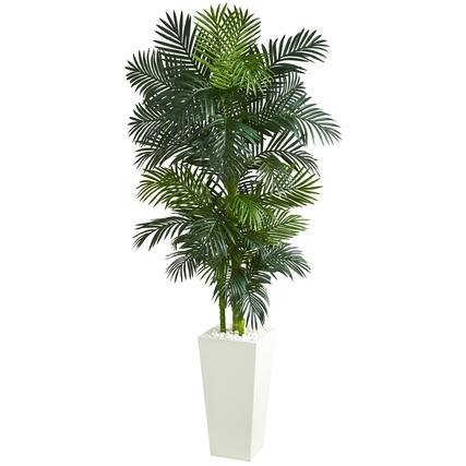 Front. BreeBe - 7.5' Golden Cane Palm Artificial Tree in White Tower Planter - Multicolor.