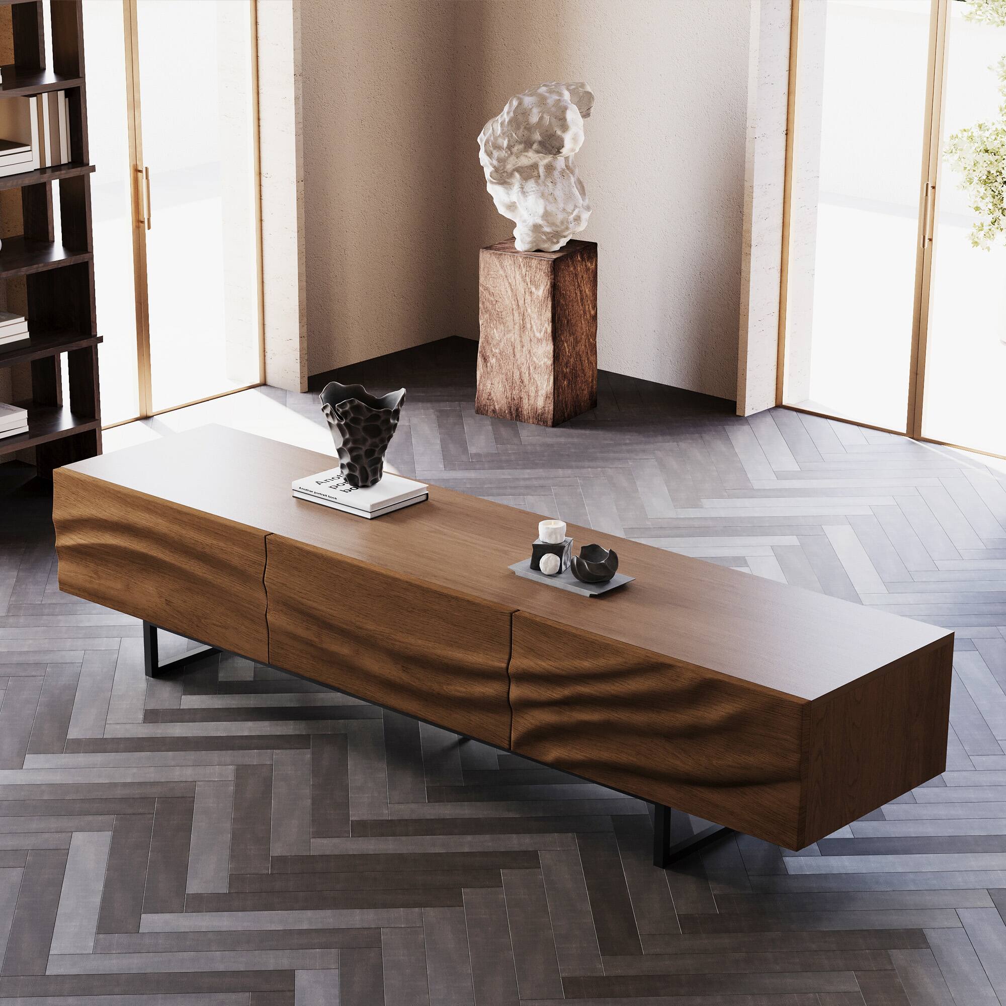 Back. luck idea - Mid-Century Modern TV Stand - 82.83” Wide with Metal Legs, 3 Drawers & Vent Holes - Walnut Color.