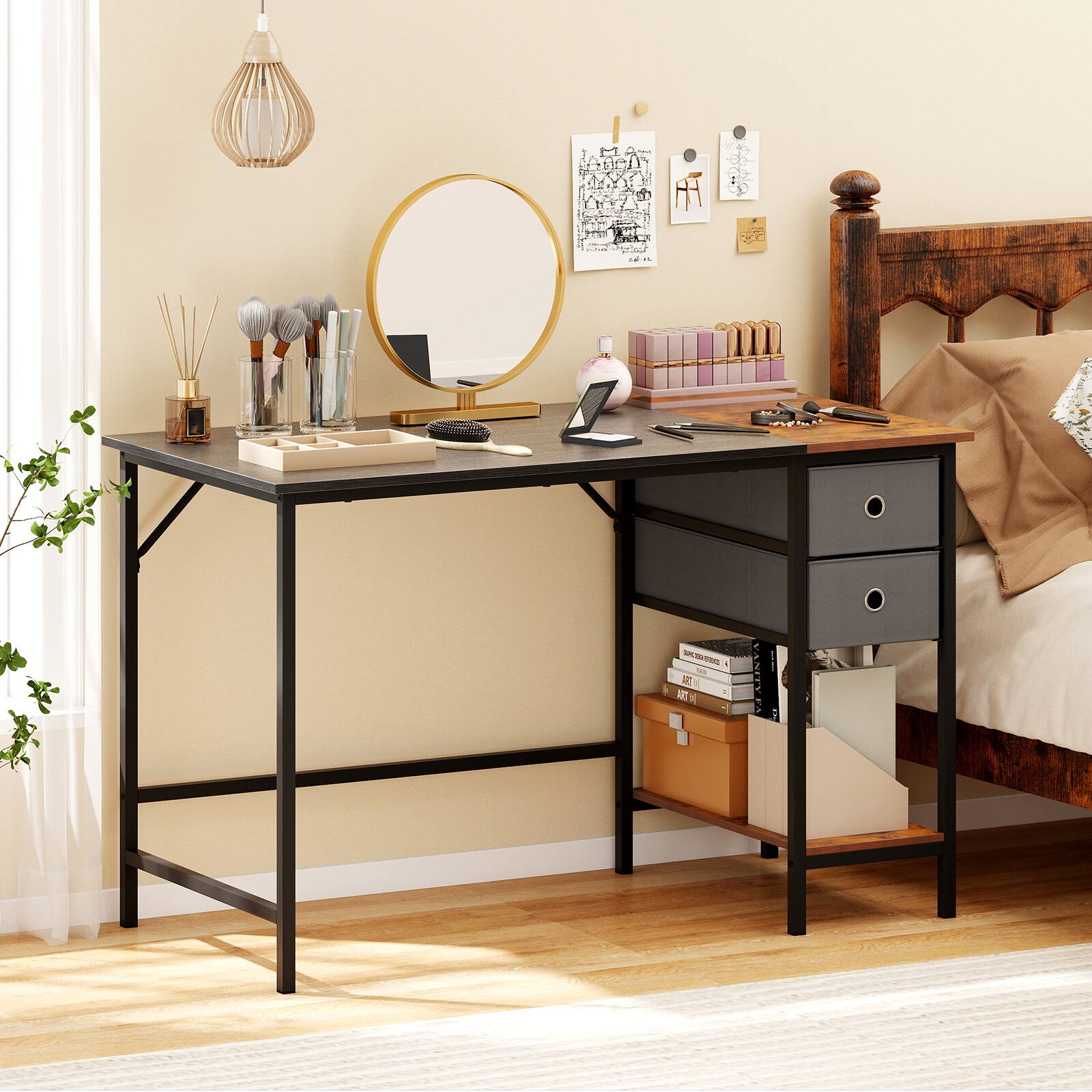 Alt View 3. Gymax - Gymax 48'' Computer Desk w/ 2 Fabric Drawers Open Storage Shelf for Working Gaming - Black.