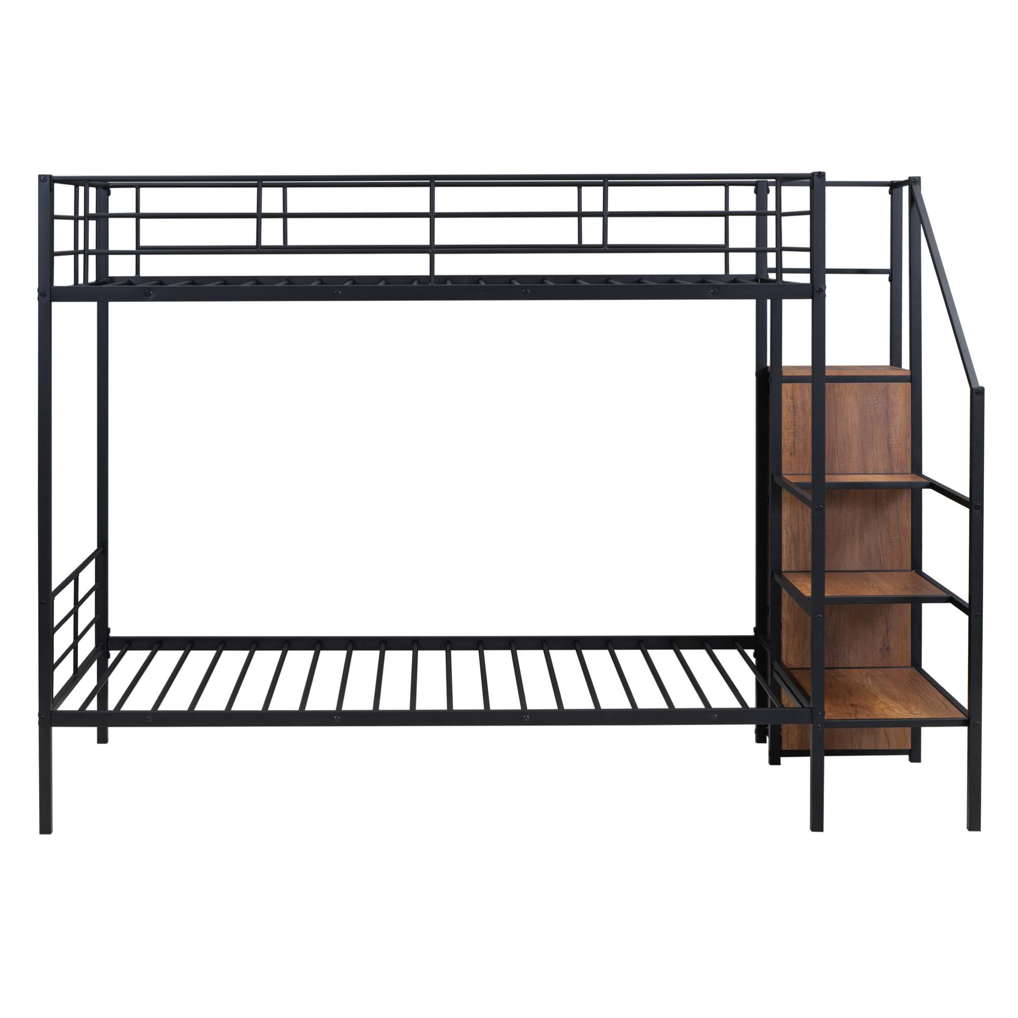 Left. GOODSILO - Contemporary Twin Over Twin Metal Bunk Bed with Integrated Storage Ladder and Wardrobe - Black.