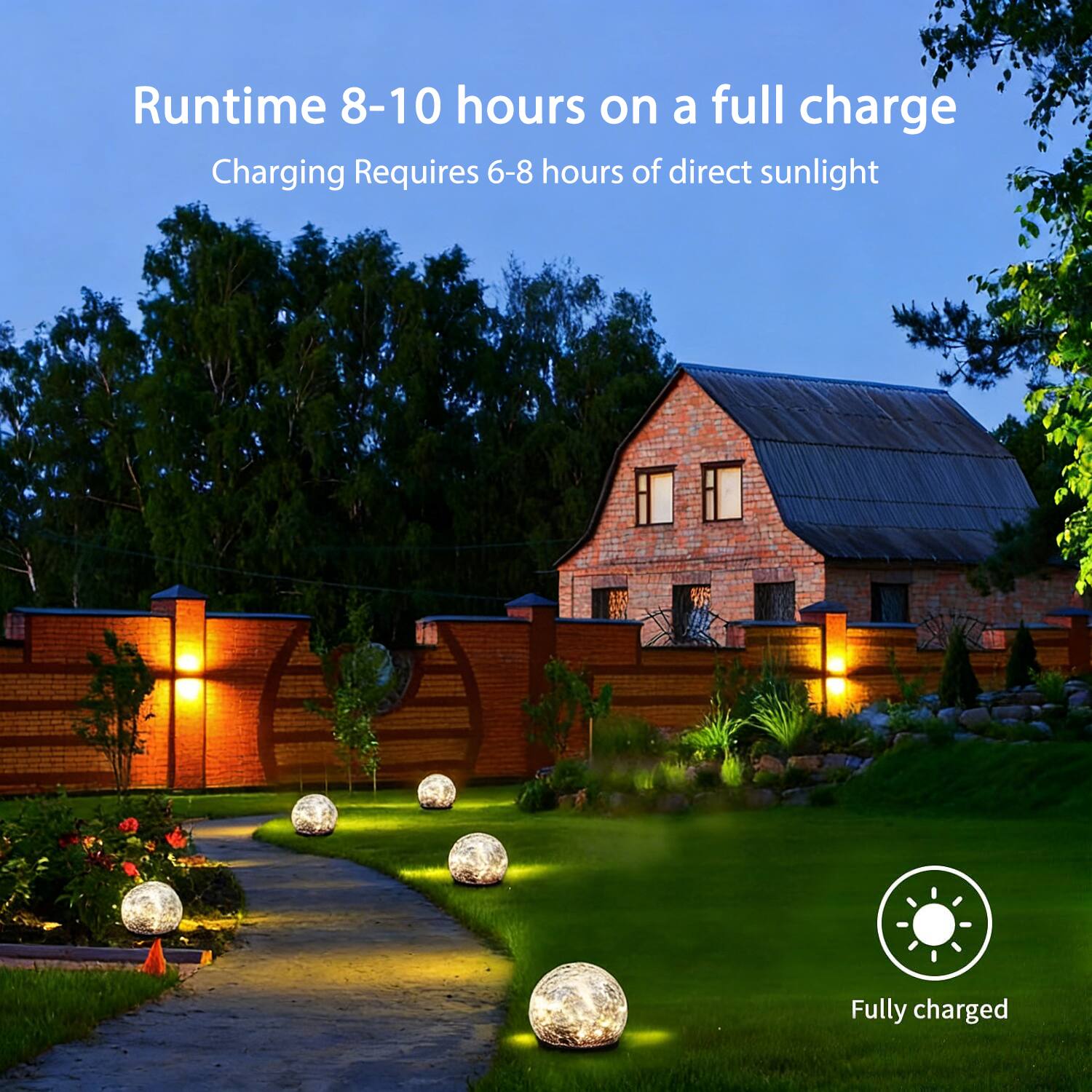 Runtime 8-10 hours on a full charge  
Charging Requires 6-8 hours of direct sunlight  
Fully charged