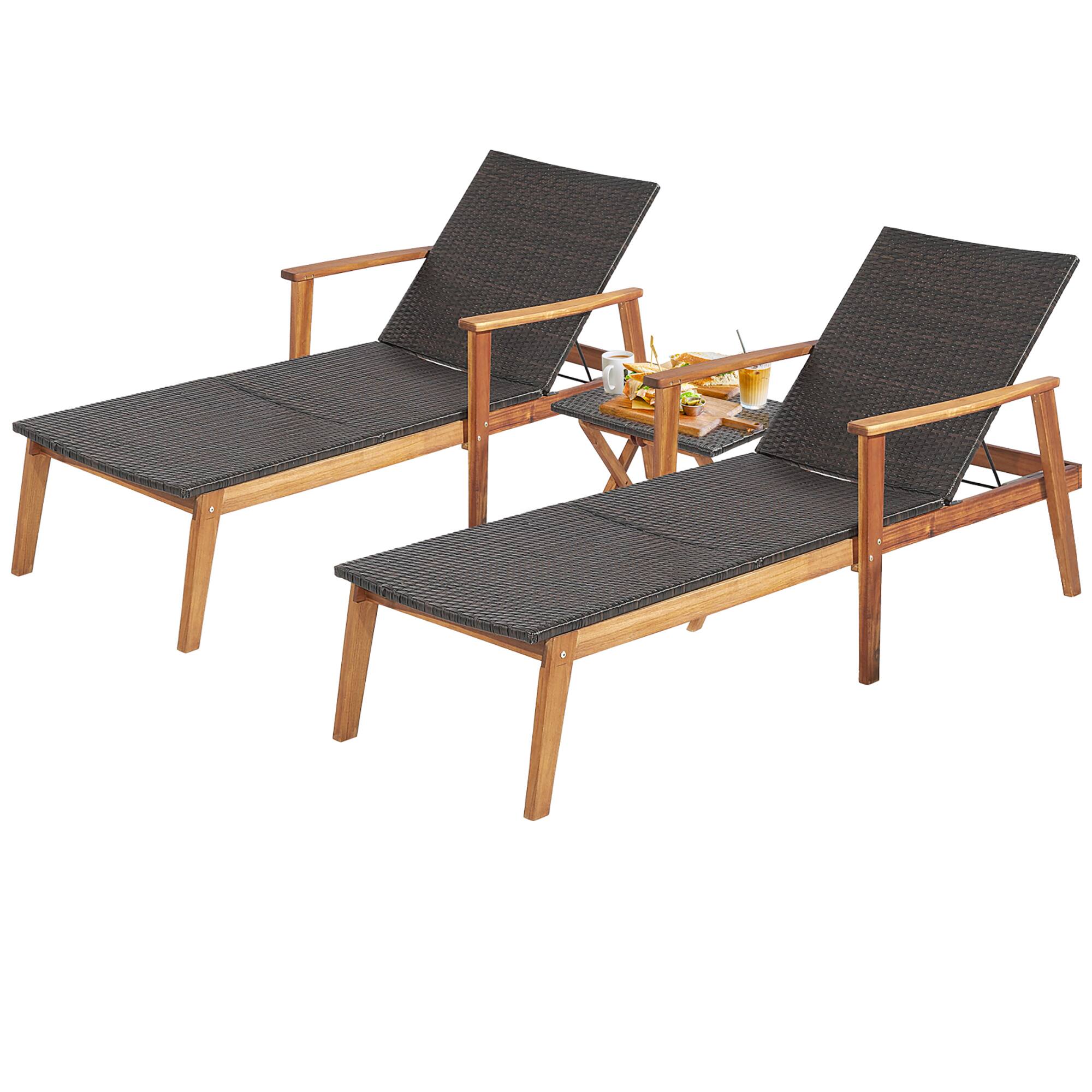 Alt View 1. Gymax - Gymax 3PCS Outdoor Chaise Lounge Set Patio Yard w/ Side Table Adjustable Backrest - Mix Brown.