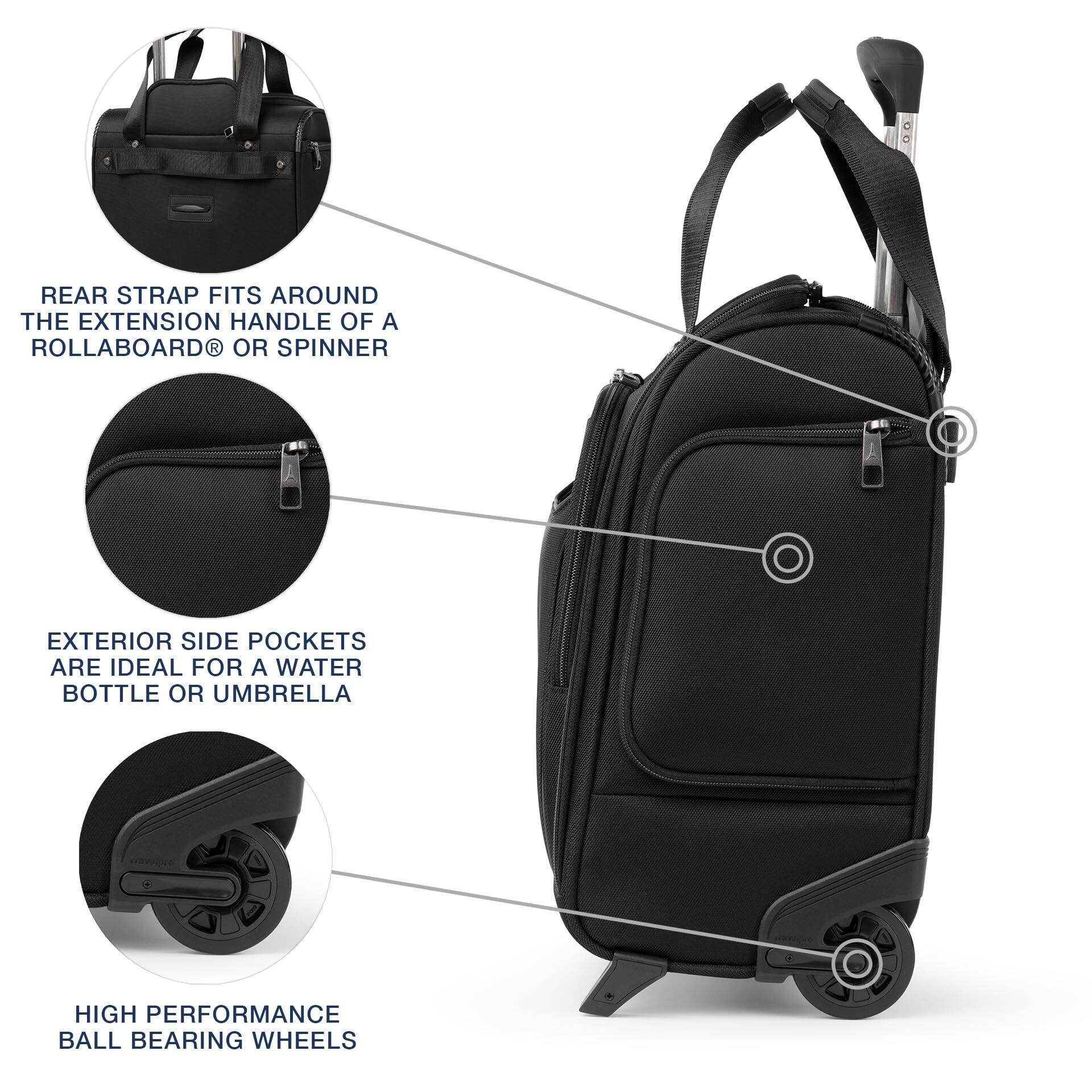 REAR STRAP FITS AROUND THE EXTENSION HANDLE OF A ROLLABOARD® OR SPINNER  
EXTERIOR SIDE POCKETS ARE IDEAL FOR A WATER BOTTLE OR UMBRELLA  
HIGH PERFORMANCE BALL BEARING WHEELS