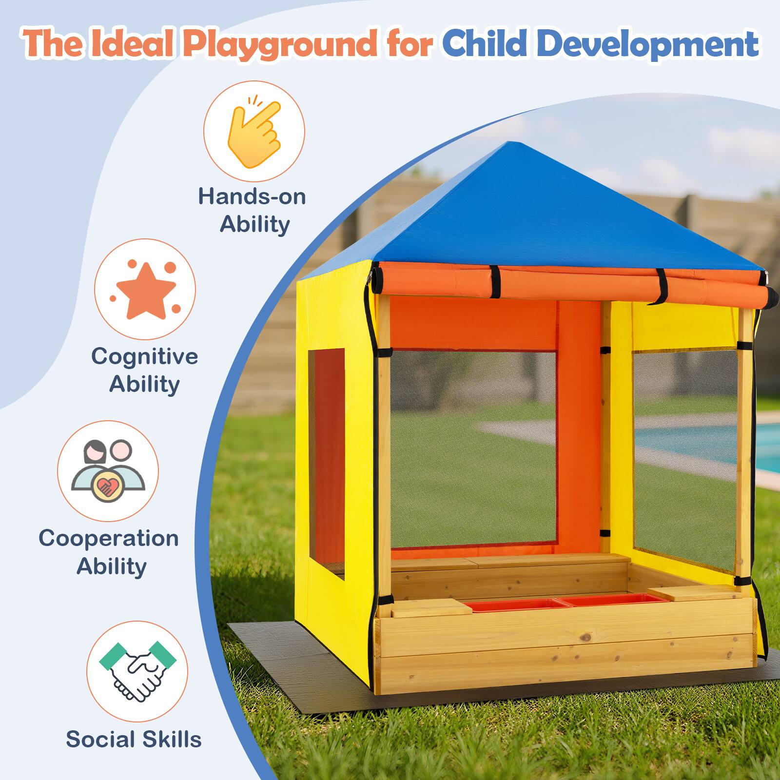 Gymax Kids Wooden Sandbox w/ Canopy Sand Pit w/ Windows & Curtains