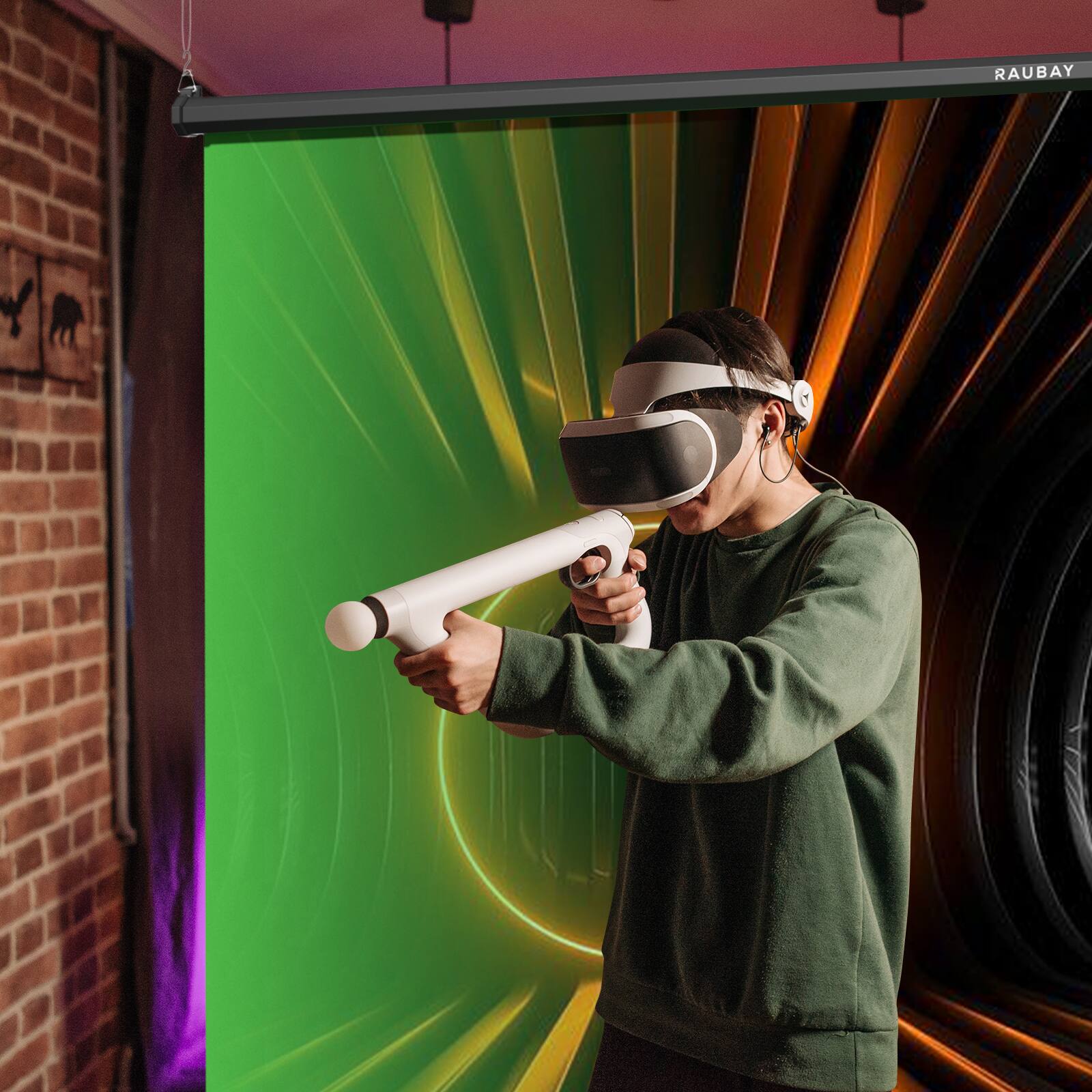 Alt View 2. RAUBAY - 6.7′ x 7.2′ Pull Down Green Screen Backdrop Retractable Collapsible Wall-Mount Background - Green.