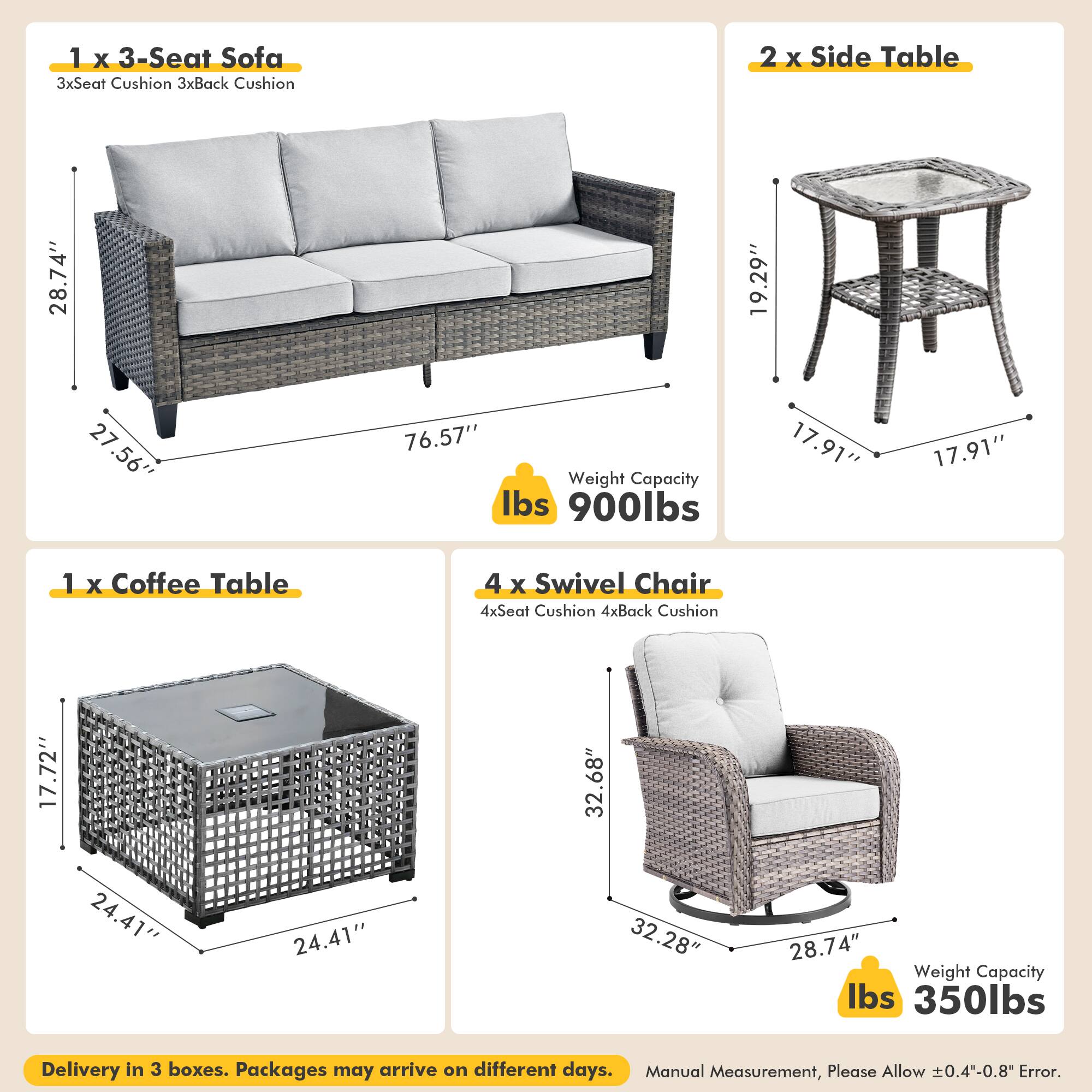 Alt View 1. Ovios - 8 PCS Patio Furniture, 3 Seat Sofa with Coffee Table, Swivel Chairs with Side Table for Yard - Grey.