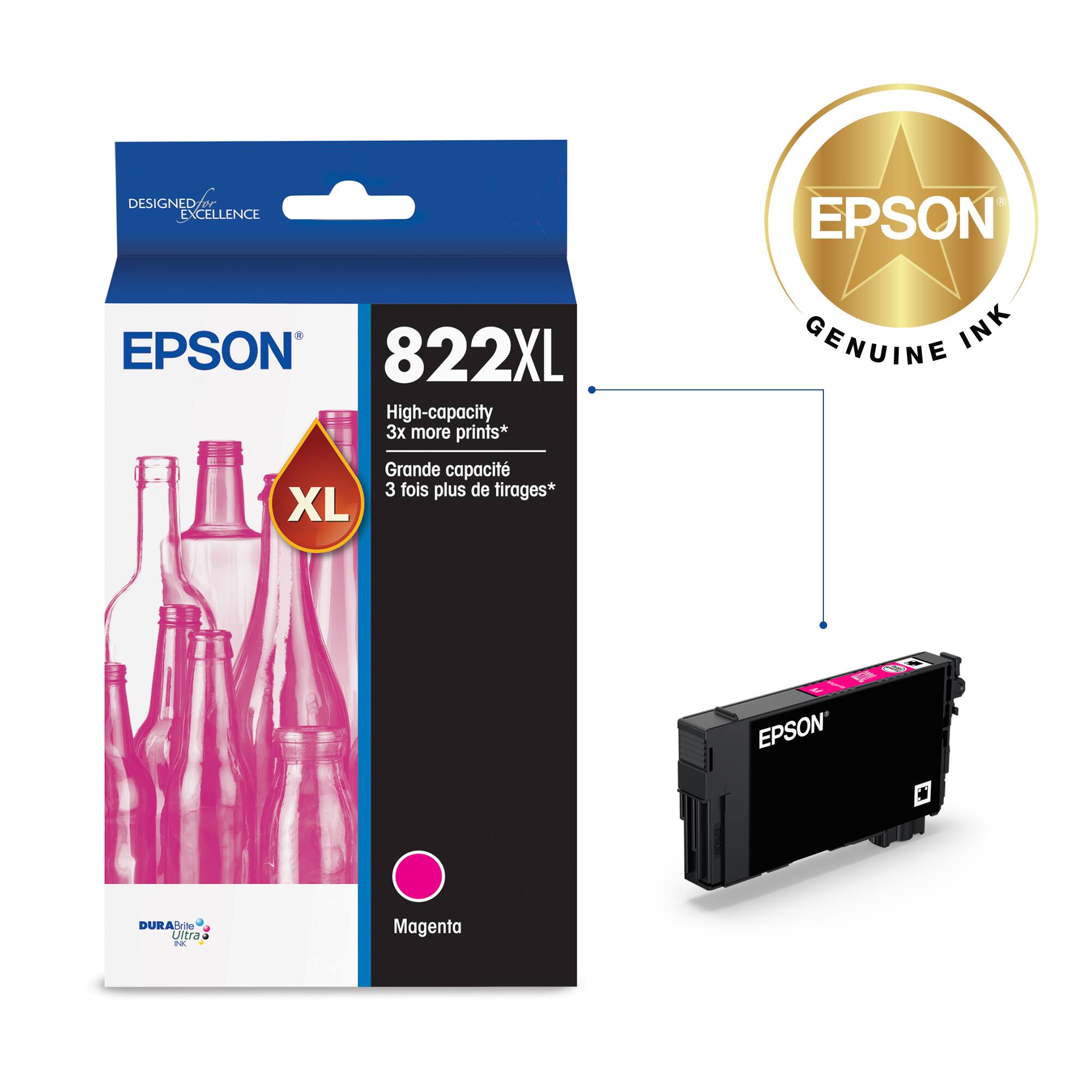 Designed Excellence Epson 822XL High-capacity 3x more prints Grande capacit 3 fois plus de tirages XL Genuine Ink Epson Durain Ultra Magenta