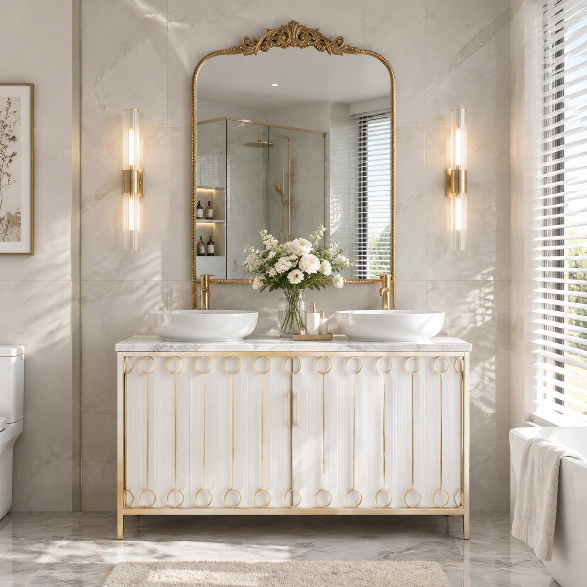 Back. RYHNUYNE - 24 x 42 Inch Gold Arch Wall Mirror, Baroque Floral Metal Frame, Vertical Hanging, Bathroom Bedroom Living Room Decor - Gold.