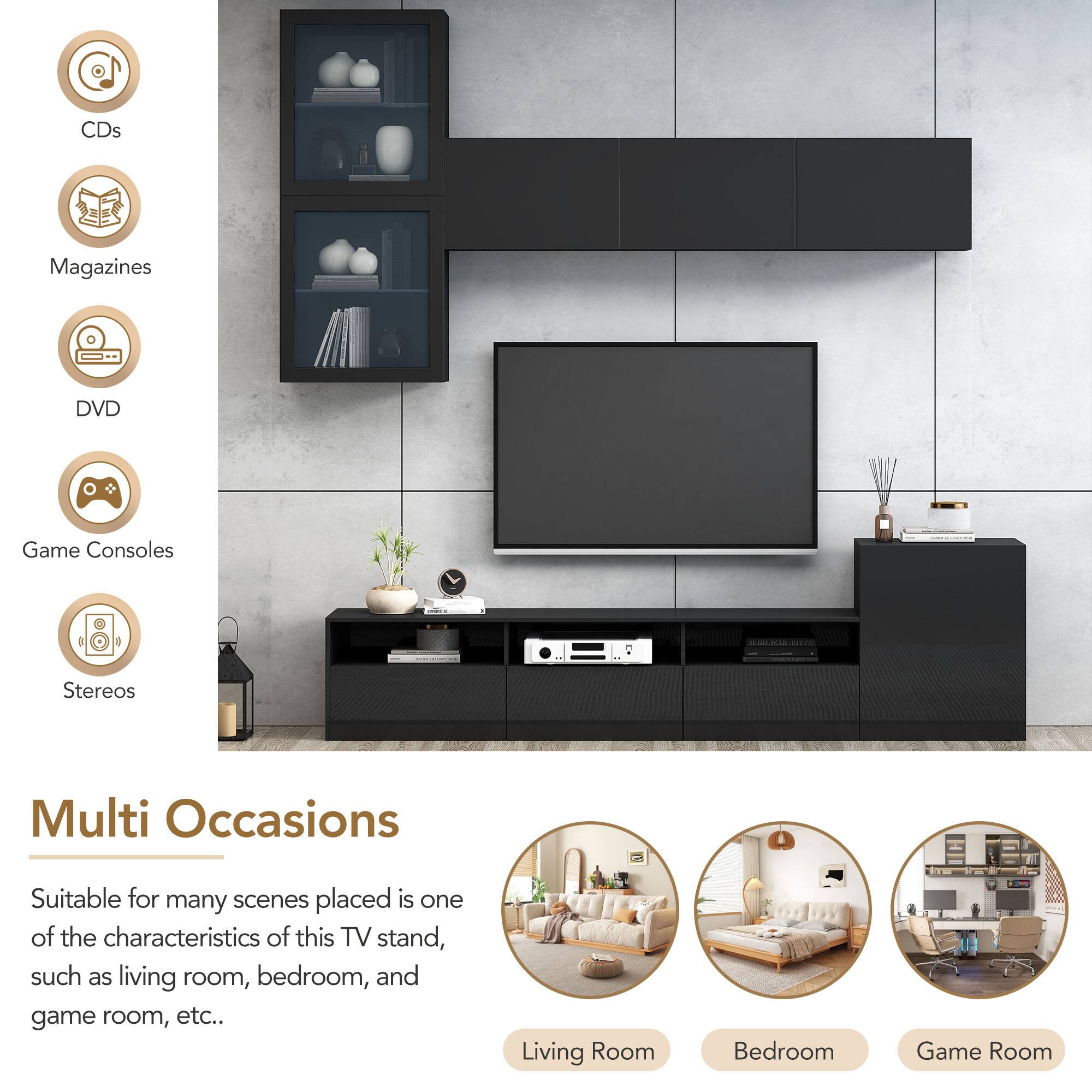 CDs  
Magazines  
DVD  
Game Consoles  
Stereos  

Multi Occasions  

Suitable for many scenes placed is one of the characteristics of this TV stand, such as living room, bedroom, and game room, etc.  

Living Room  
Bedroom  
Game Room