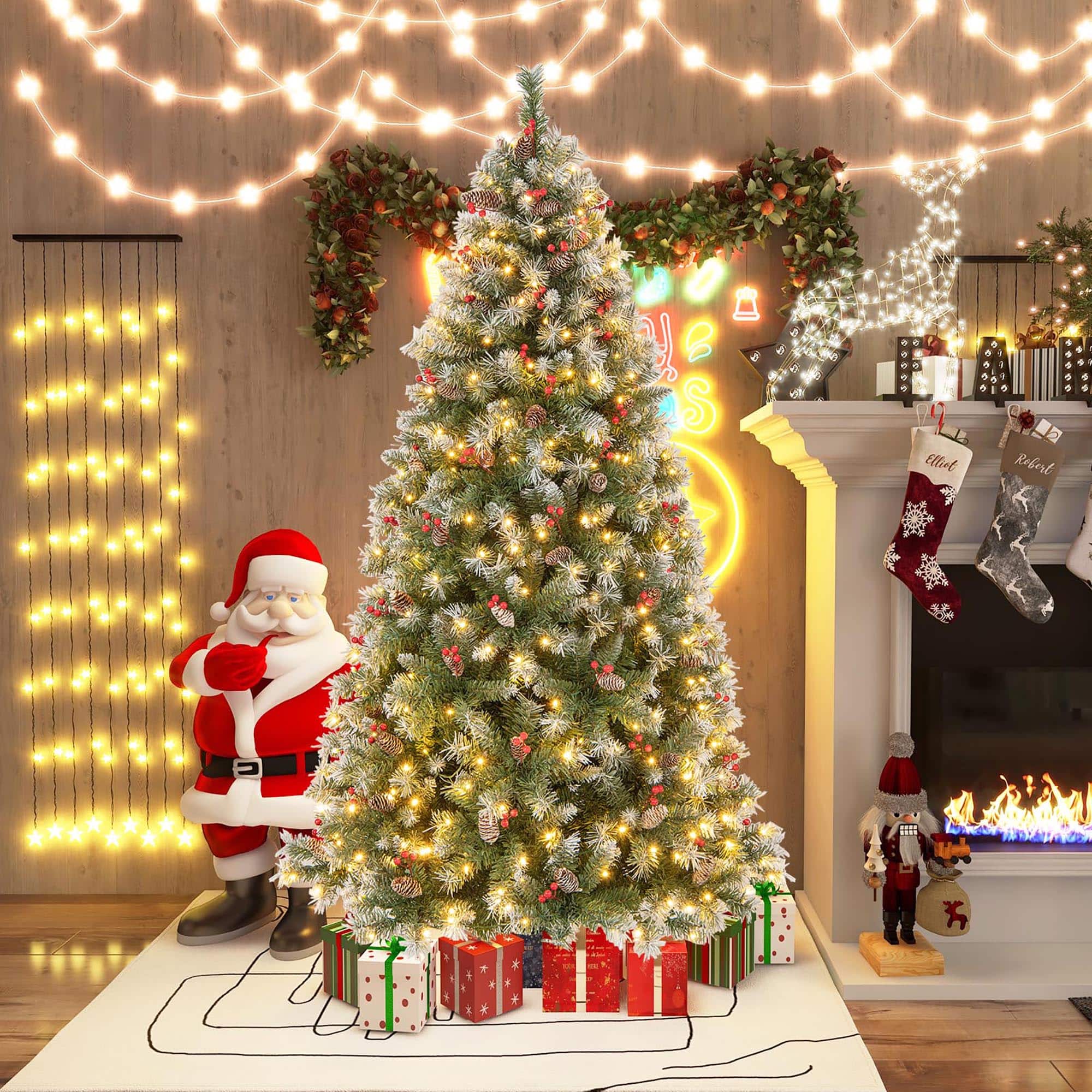 Gymax - 6.5 FT Pre-Lit Christmas Tree Artificial Hinged Christmas Tree w/ 420 Warm-White LED Lights & 909 Branch Tips - Green, White