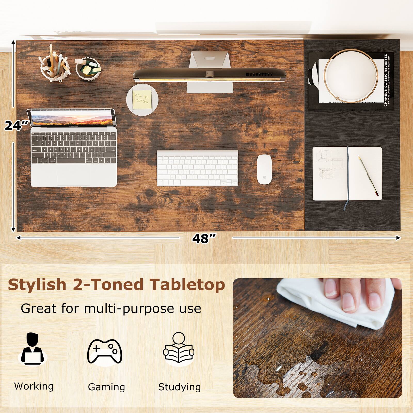 Stylish 2-Toned Tabletop  
Great for multi-purpose use  
Working Gaming Studying