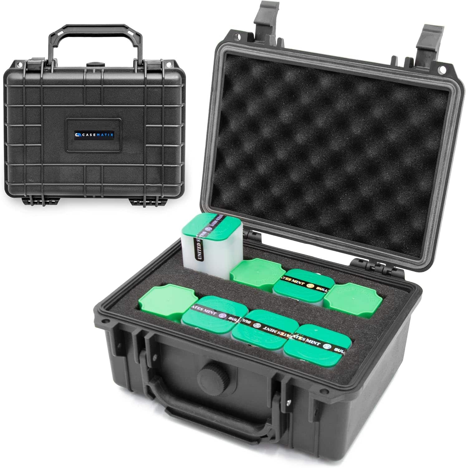 CASEMATIX - American Silver Eagle Coin Case, 9" Waterproof Hard Shell Coin Tube Storage Box with Foam Interior - Black